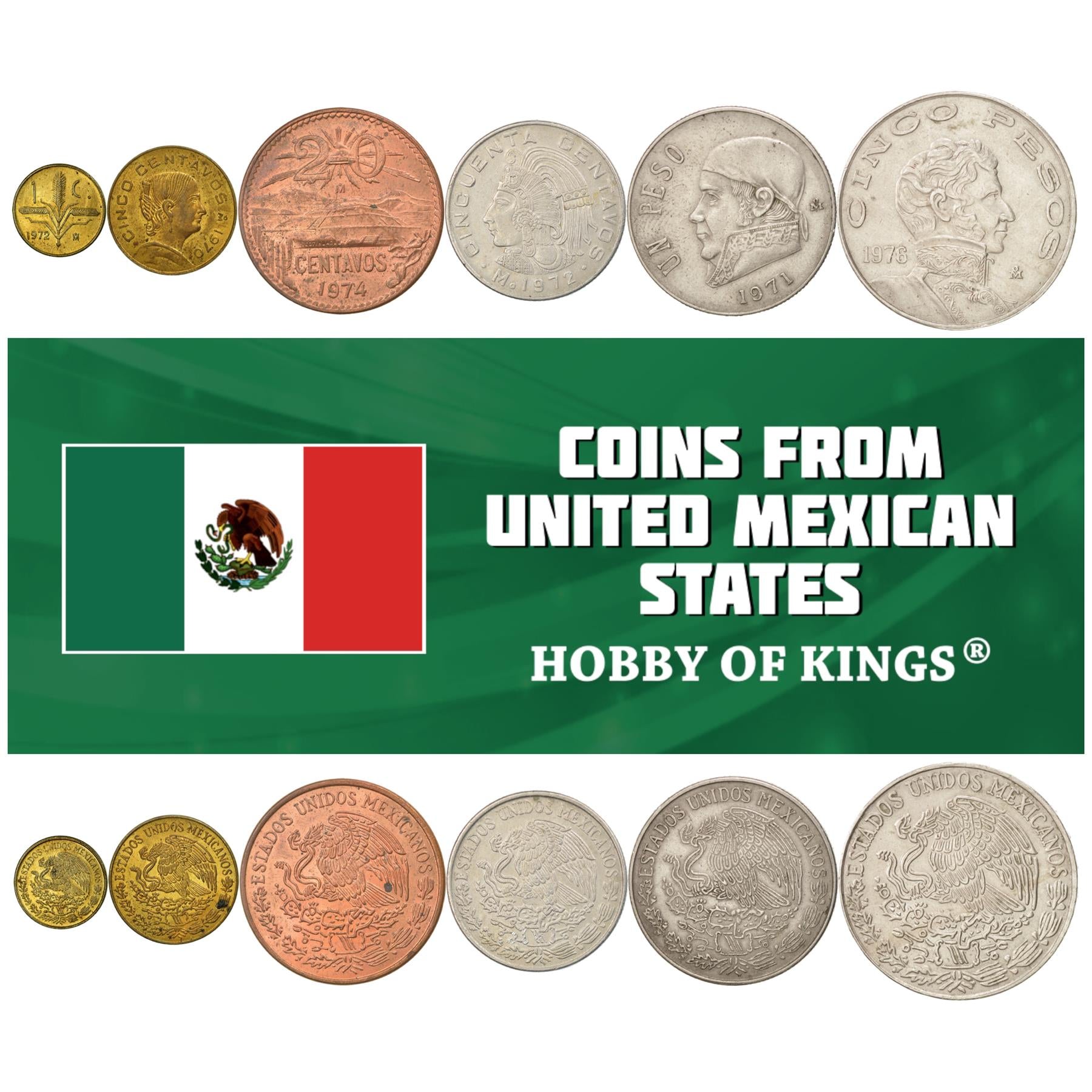 Mexican 6 Coin Set 1 5 50 20 Centavos 1 5 Pesos | Cactus | Eagle | Snake | Pyramid | Cuauhtémoc | Josefa Ortiz de Domínguez | Vicente Guerrero | Liberty cap | 1955 - 1983