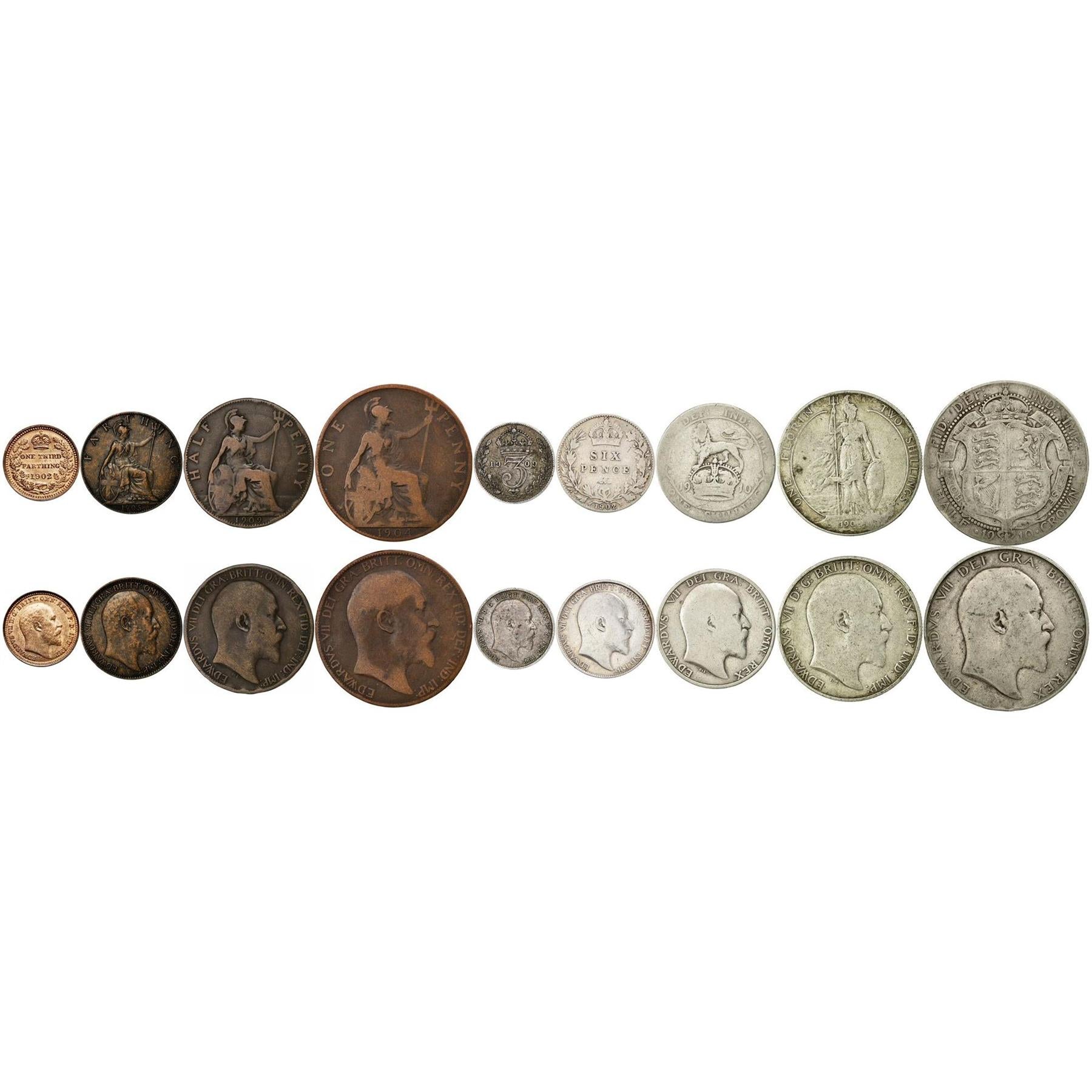 Vereinigtes Königreich | 9 Münzsatz | ⅓ 1 Farthing 1/2 1 Penny 3 6 Pence 1 Schilling 1 Florin 1/2 Krone | 1902 - 1910