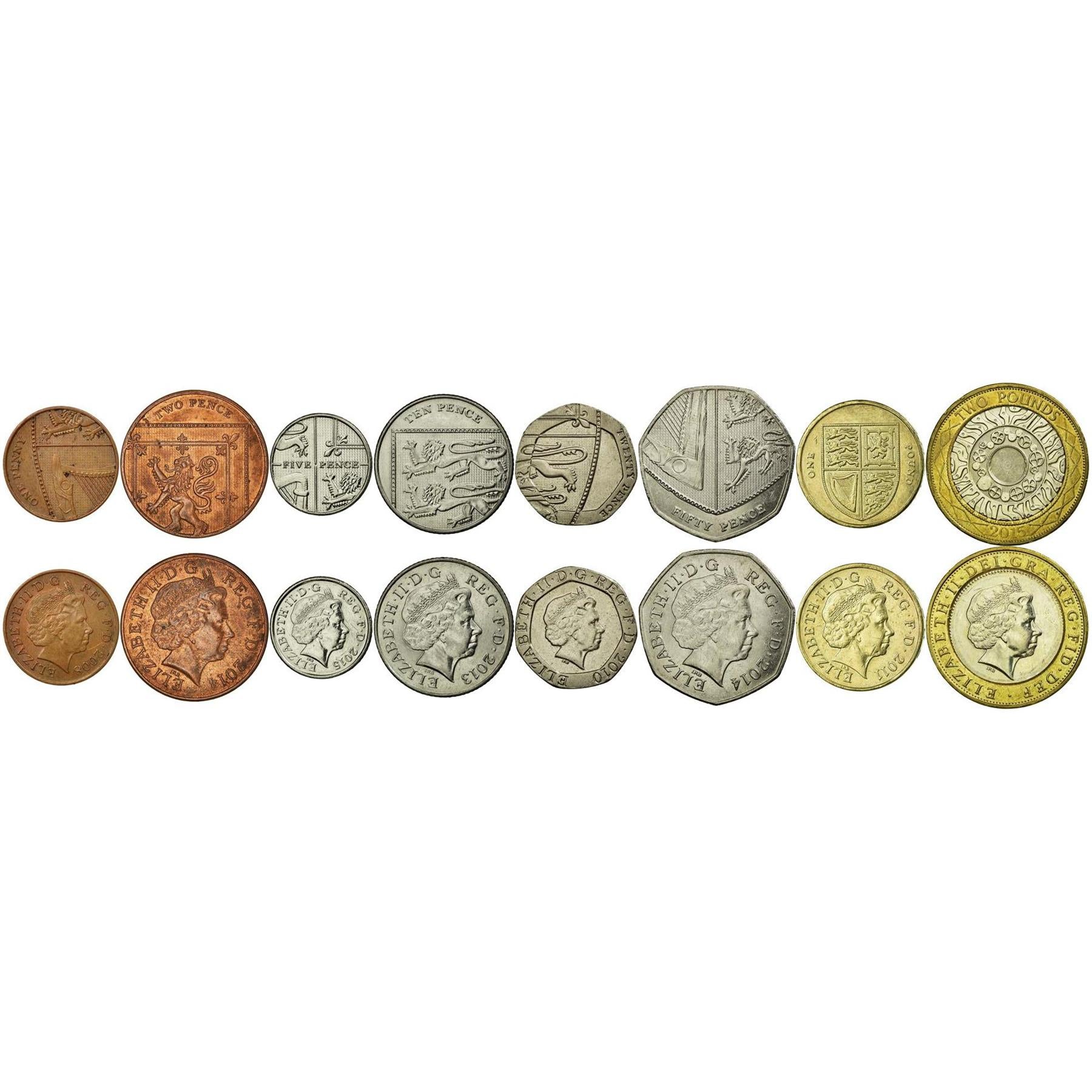 United Kingdom | 8 Coin Set | 1 Penny 2 5 10 20 50 Pence 1 Pound 2 Pounds | 2008 - 2015