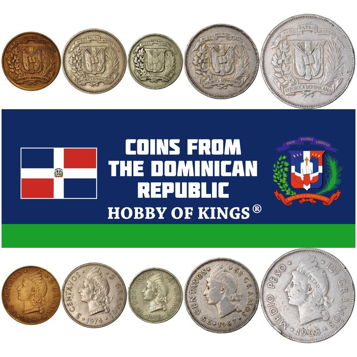 Dominican Republic | 5 Coin Set | 1 Centavo 5 10 25 Centavos 1/2 Peso | Indian | Liberty | 1967 - 1975