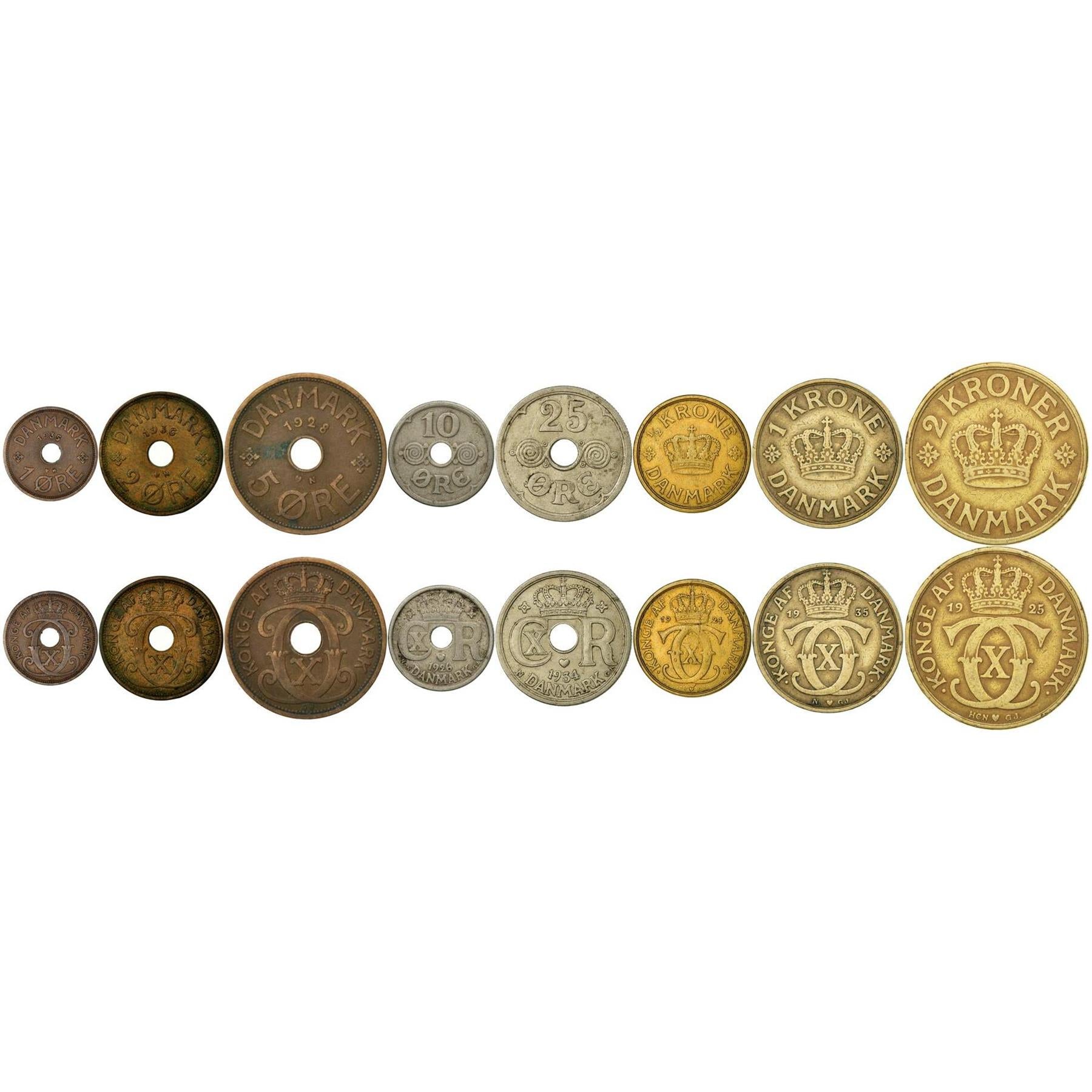 Denmark | 8 Coin Set | 1 2 5 10 25 Ore 1/2 1 Krone 2 Kroner | 1924 - 1947