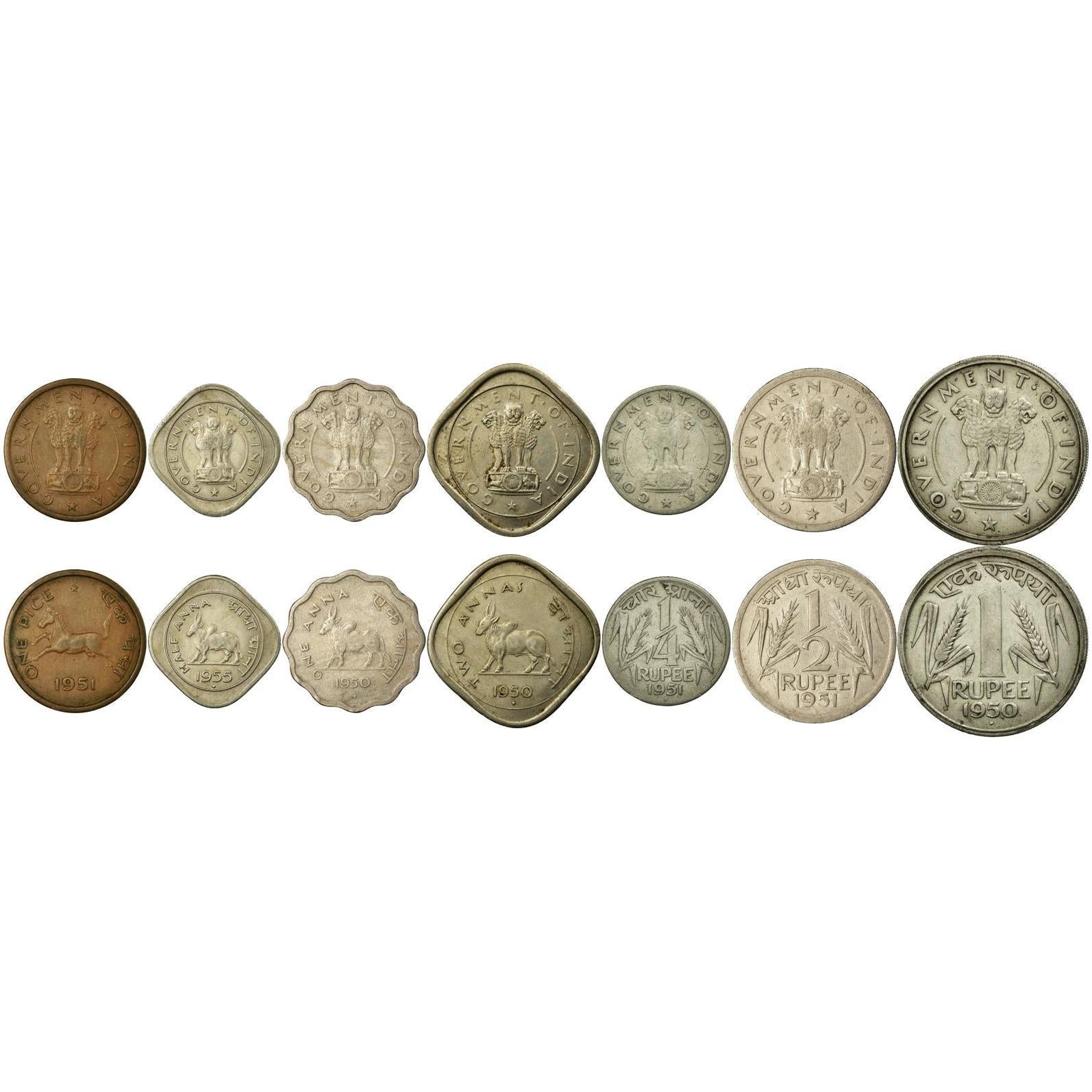India | 7 Coin Set | 1 Pice 1/2 1 Anna 2 Annas 1/4 1/2 1 Rupee | 1950 - 1956
