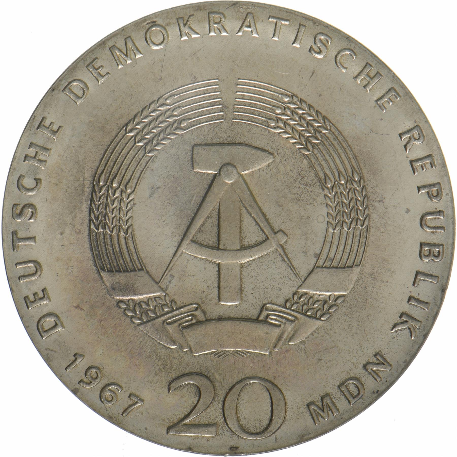 German Democratic Republic | 20 Mark Coin | Wilhelm von Humboldt | KM:18 | 1967
