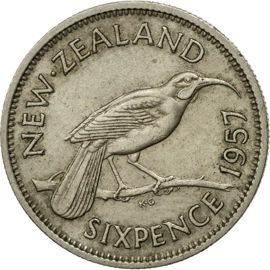 New Zealander 6 Pence Mynt | Dronning Elizabeth II | Huia Fugl | KM26 | 1953 - 1965