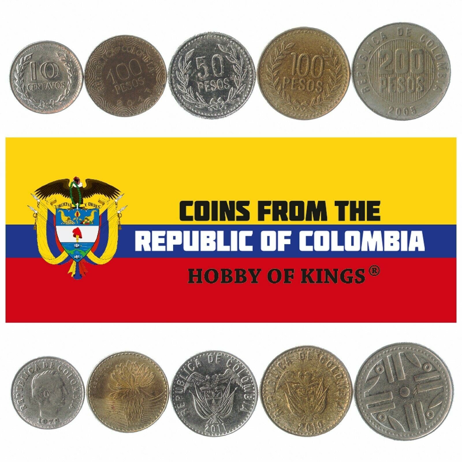 Hobby Of Kings Different Coins - Old Collectible Colombian Foreign Currency For Collecting Book - Unique Commemorative World Money Sets - Gifts For Collectors - Collection Of 5