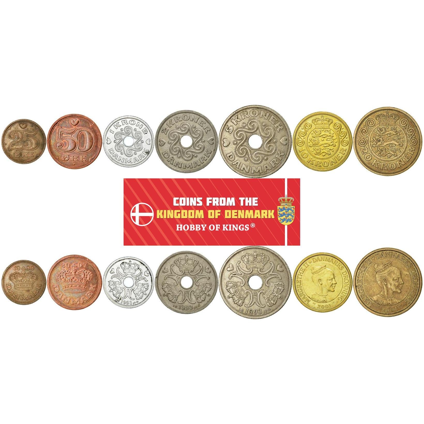 Denmark | 7 Coin Set | 25 50 Ore 1 Krone 2 5 10 20 Kroner | 1989 - 2021