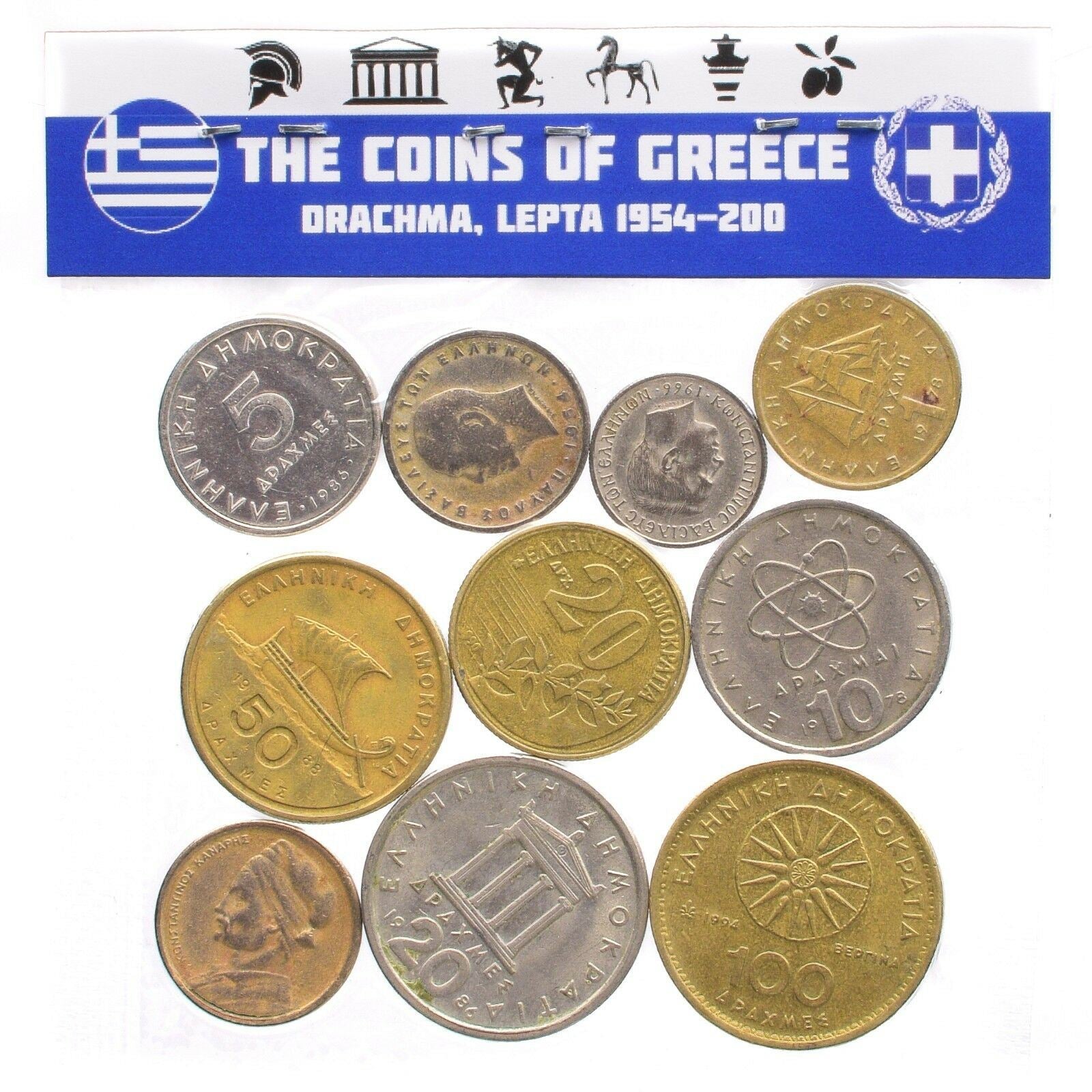 Greek 10 Mixed Coins | Greece | King Paul I | Constantine II | Lepta | Drachmes | 1954 - 2002