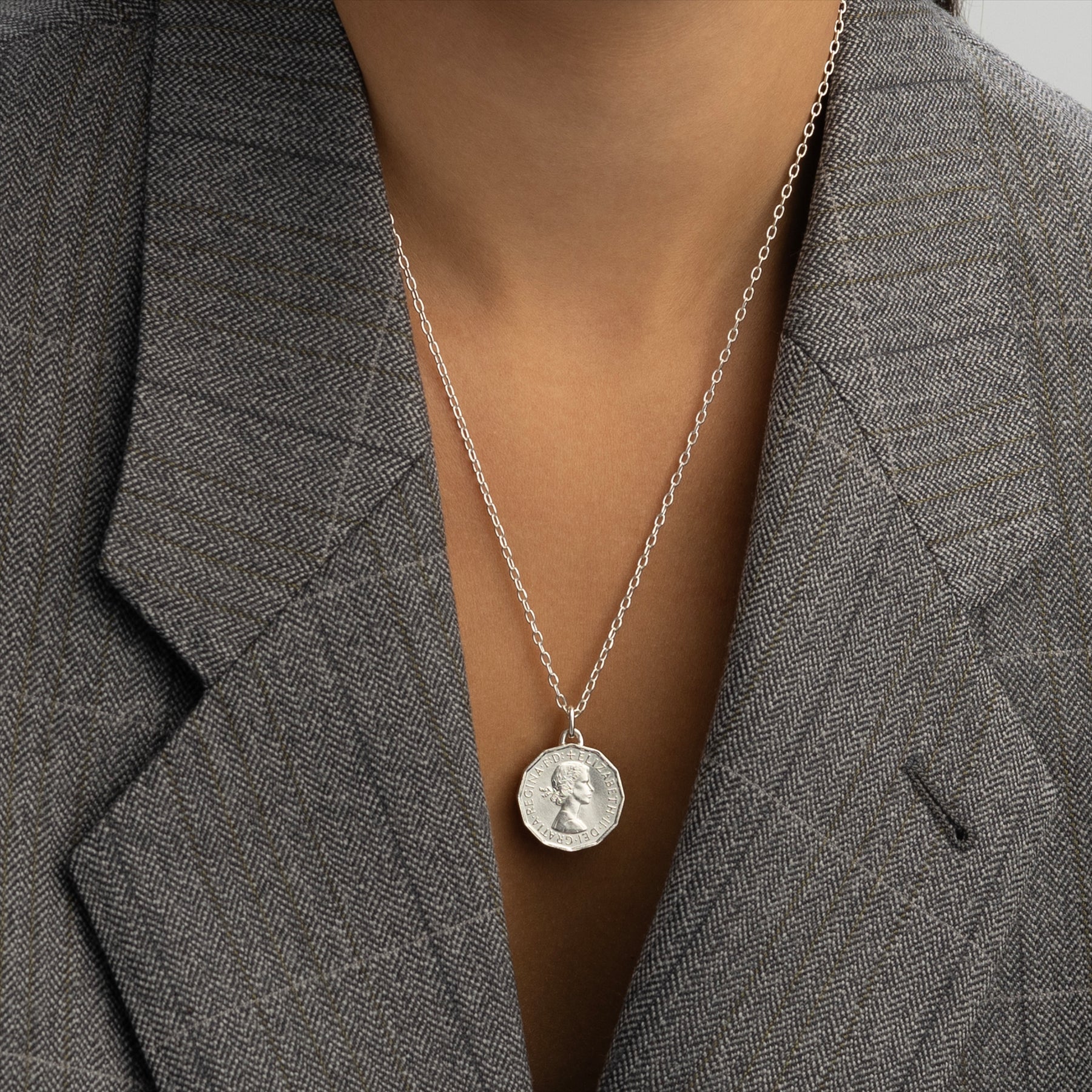 British Coin Necklace | Medallion Pendant Jewelry | Rhodium Plated 3 Pence | Queen Elizabeth II | 1954 - 1970