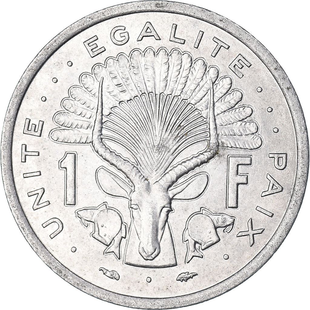 Djibouti | 1 Franc Coin | Knife | Spear | Shield | Waterbuck | Km:20 | 1977 - 1999