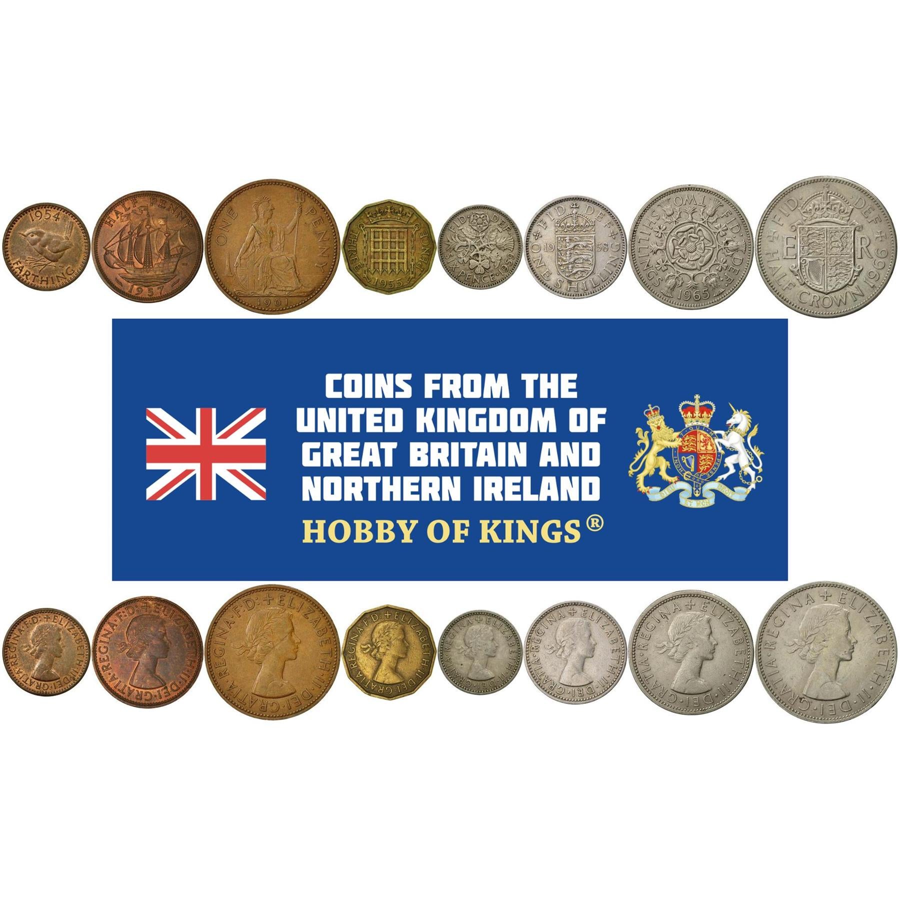 United Kingdom | 8 Coin Set | 1 Farthing 1/2 1 Penny 3 6 Pence 1 Shilling 2 Shillings 1/2 Crown | 1954 - 1970