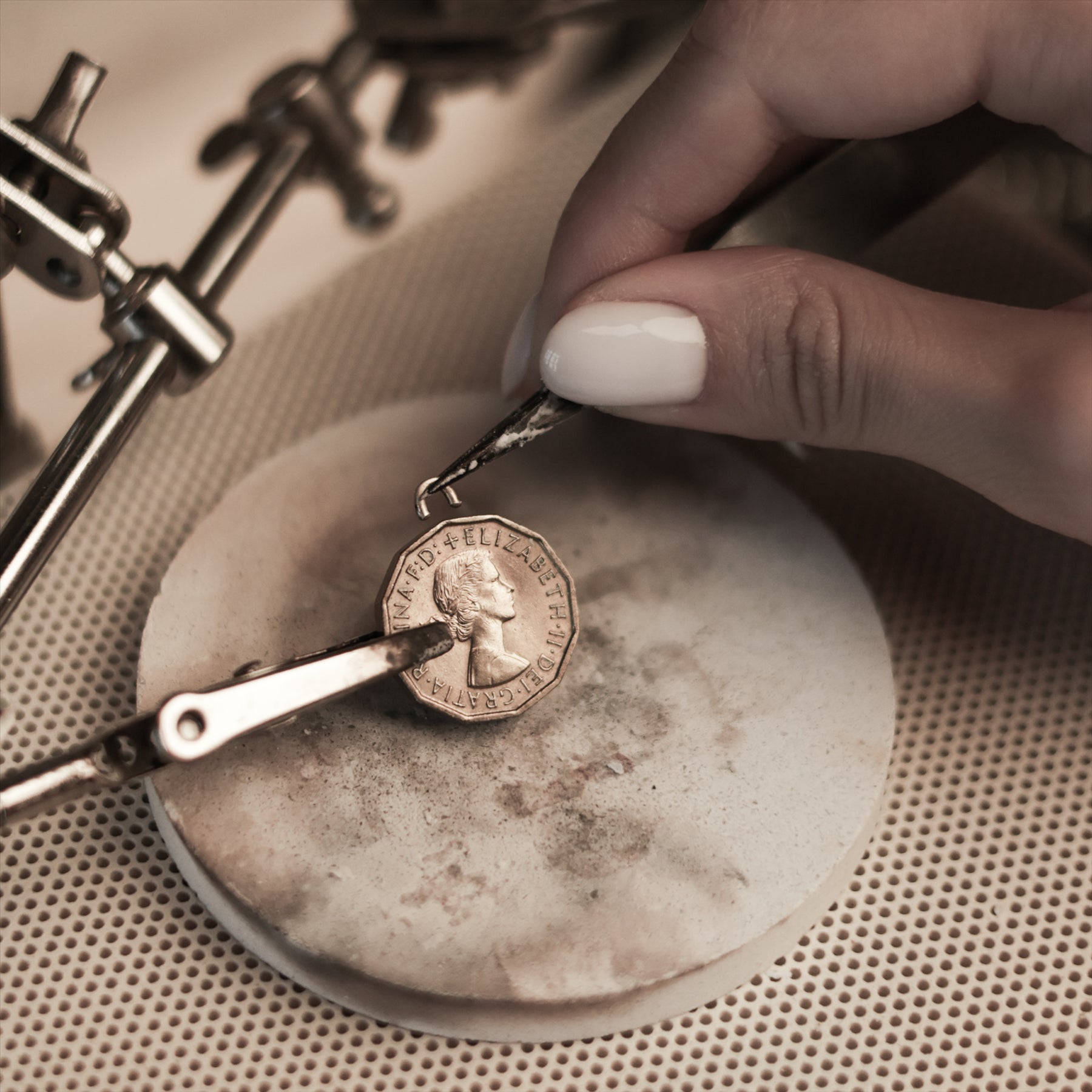 British Coin Necklace | Medallion Pendant Jewelry | Rhodium Plated 3 Pence | Queen Elizabeth II | 1954 - 1970