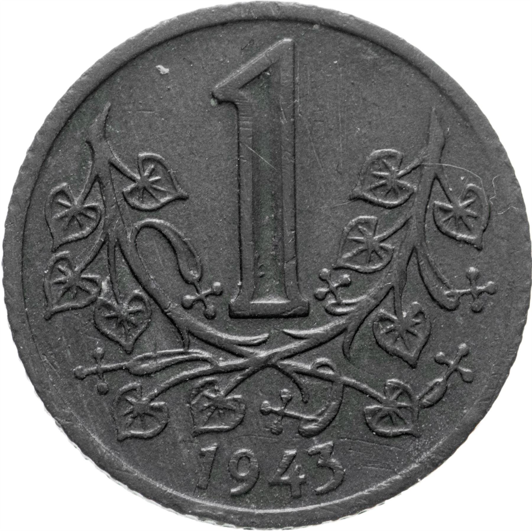 Bohemia and Moravia 1 Koruna Coin | Lion | Linden Branch | 1941 - 1944