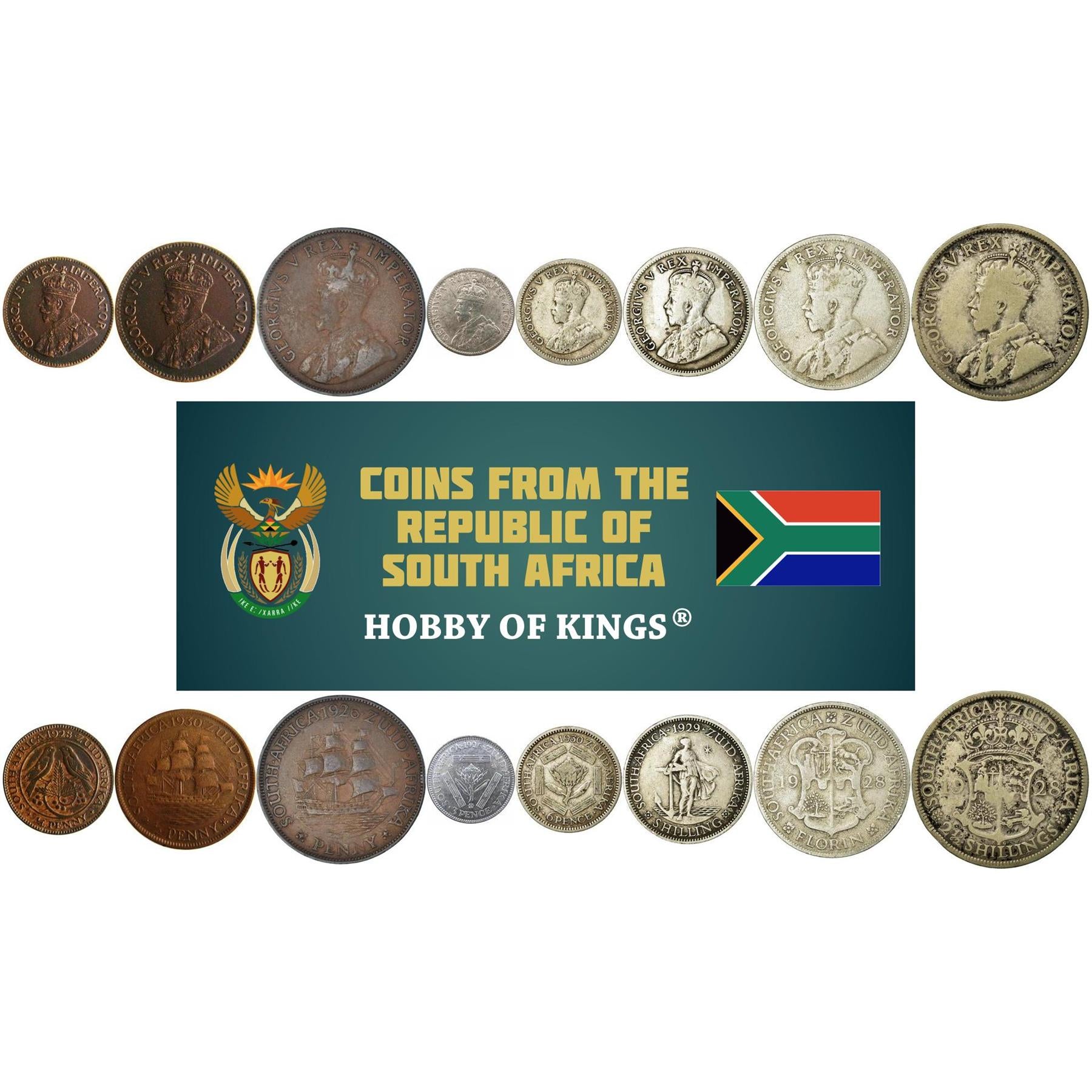 South Africa | 8 Coin Set | 1/4 1 Penny 1/2 Penny 3 6 Pence 1 Shilling 1 Florin 2 1/2 Shillings | 1925 - 1931