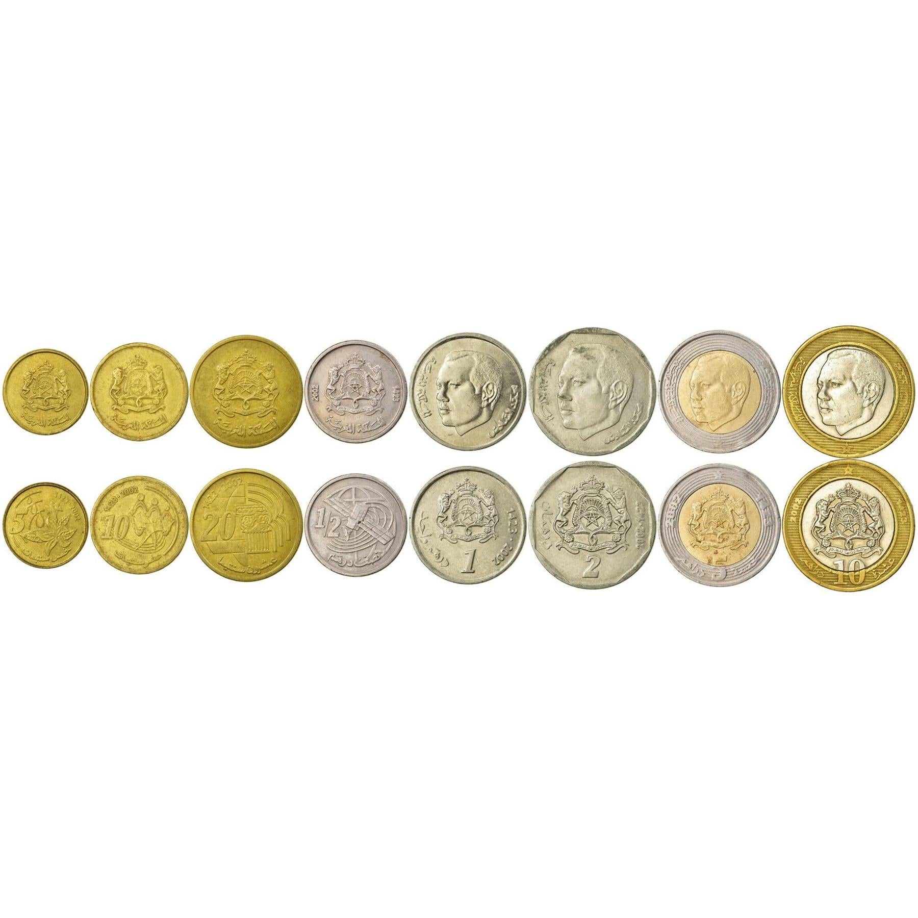 Set 8 Coins Morocco 5 10 20 Santimat 1/2 1 2 5 10 Dirhams 2002
