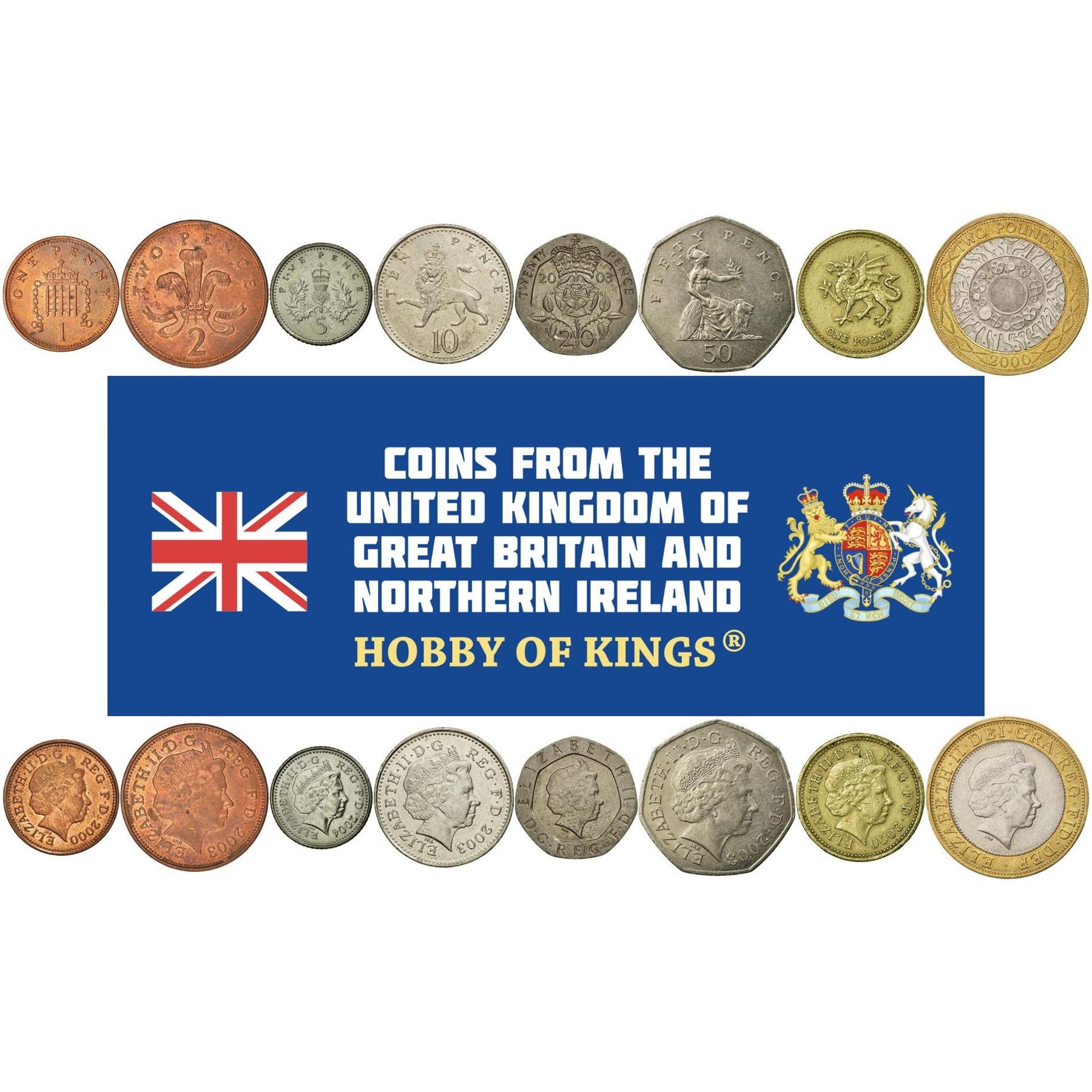 United Kingdom | 8 Coin Set | 1 Penny 2 5 10 20 50 Pence 1 Pound 2 Pounds | 1998 - 2008