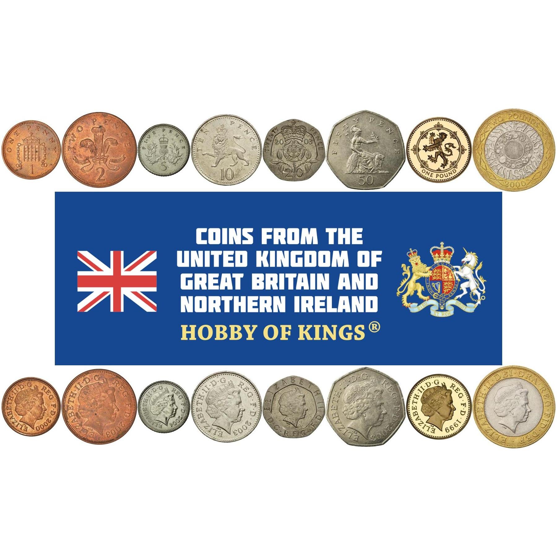 United Kingdom | 8 Coin Set | 1 Penny 2 5 10 20 50 Pence 1 Pound 2 Pounds | 1998 - 2008
