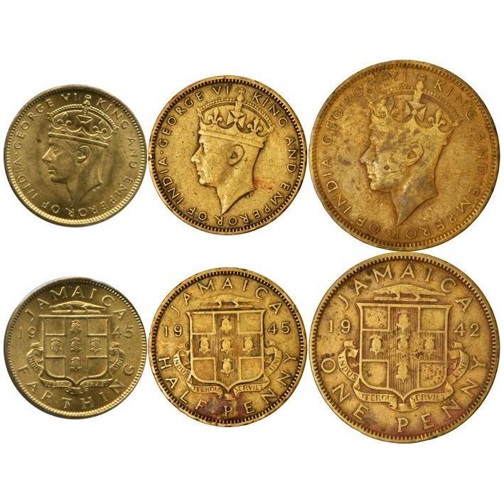 Ямайка | Набор из 3 монет | 1 Фартинг 1/2 1 Пенни | Король Георг VI | 1938 - 1947