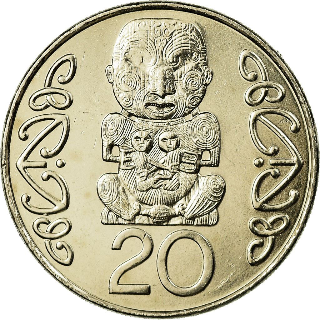 新西兰20分硬币 | 伊丽莎白二世女王 | 毛利雕刻 | KM118 | 1999 - 2006