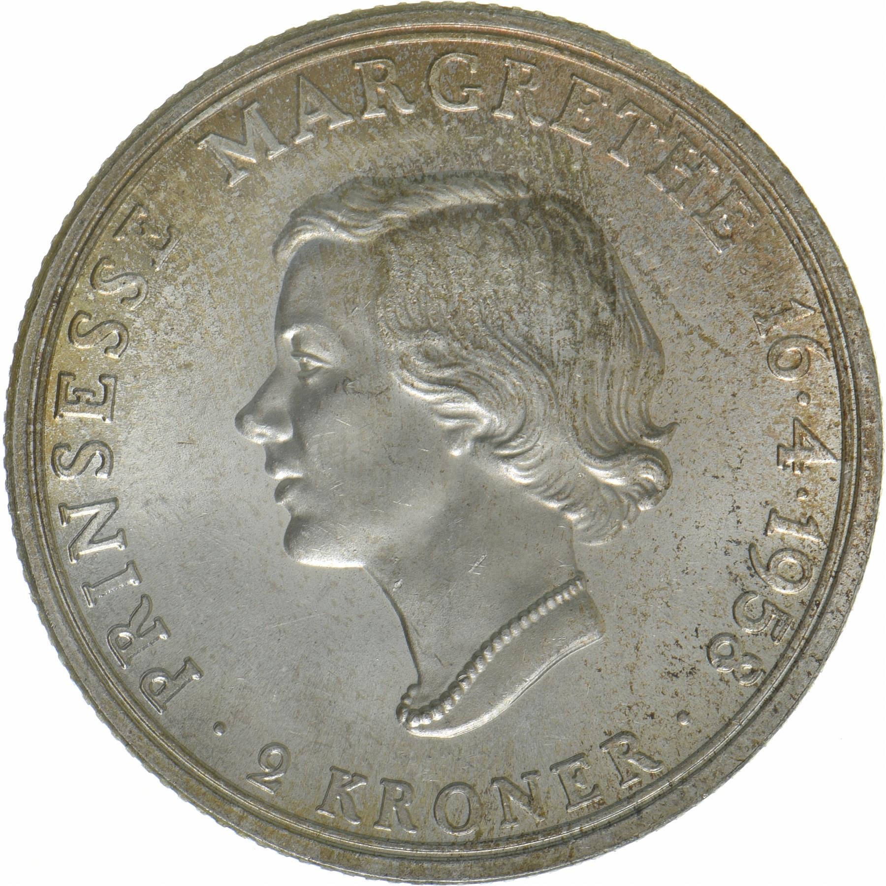Denmark | 2 Kroner Coin | Silver | Princess Margrethe's 18th Birthday | KM:845 | 1958