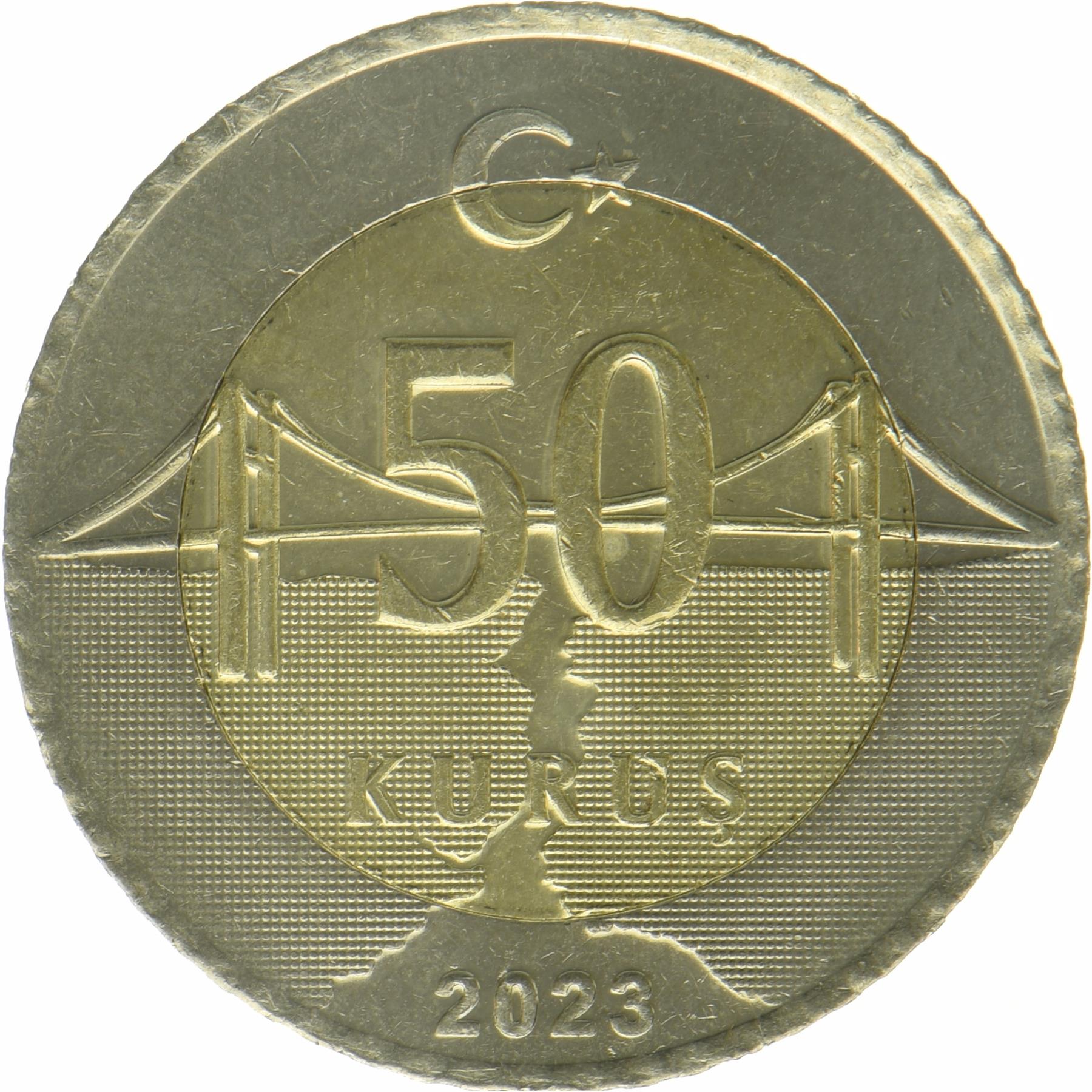 تركيا | عملة 50 قروش | مصطفى كمال أتاتورك | هلال | نجمة | جسر إسطنبول المعلق | KM:1574 | 2023 - 2026