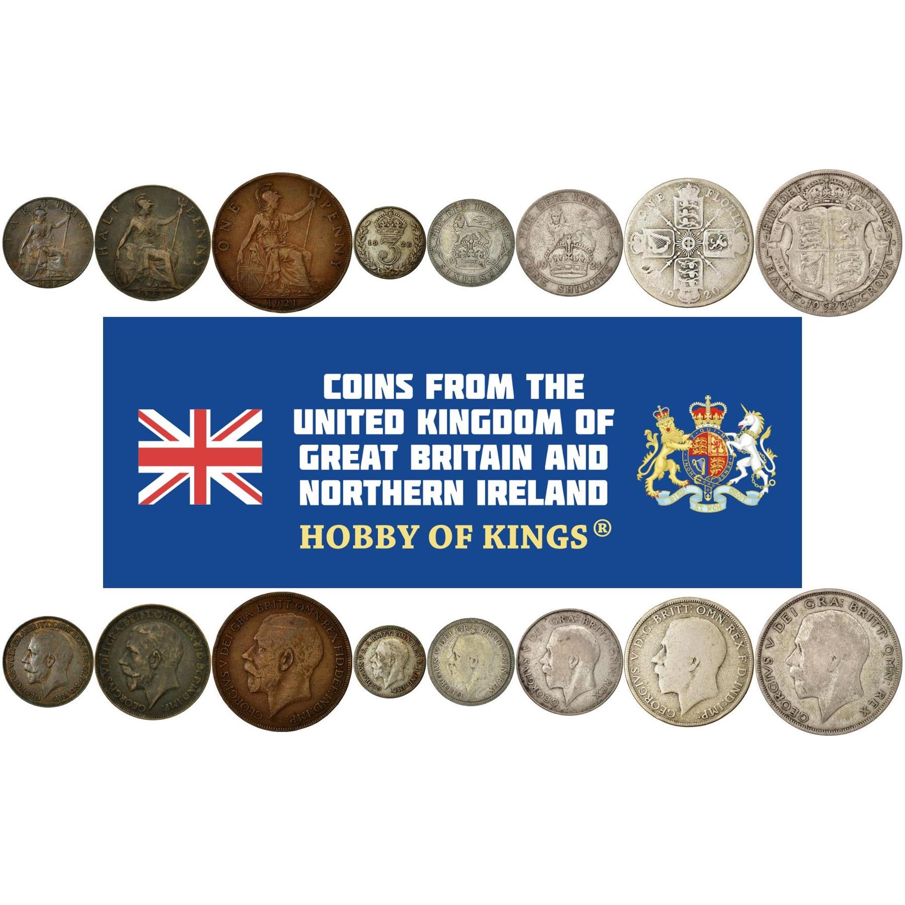 United Kingdom | 8 Coin Set | 1 Farthing 1/2 1 Penny 3 6 Pence 1 Shilling 1 Florin 1/2 Crown | 1920 - 1927