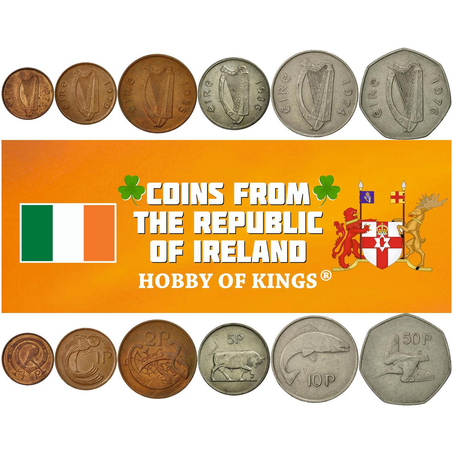 Irish 6 Coin Set 1/2 1 2 5 10 50 Pence | Bull | American Woodcock | Salmon | Celtic Harp | Ireland | 1969 - 1990