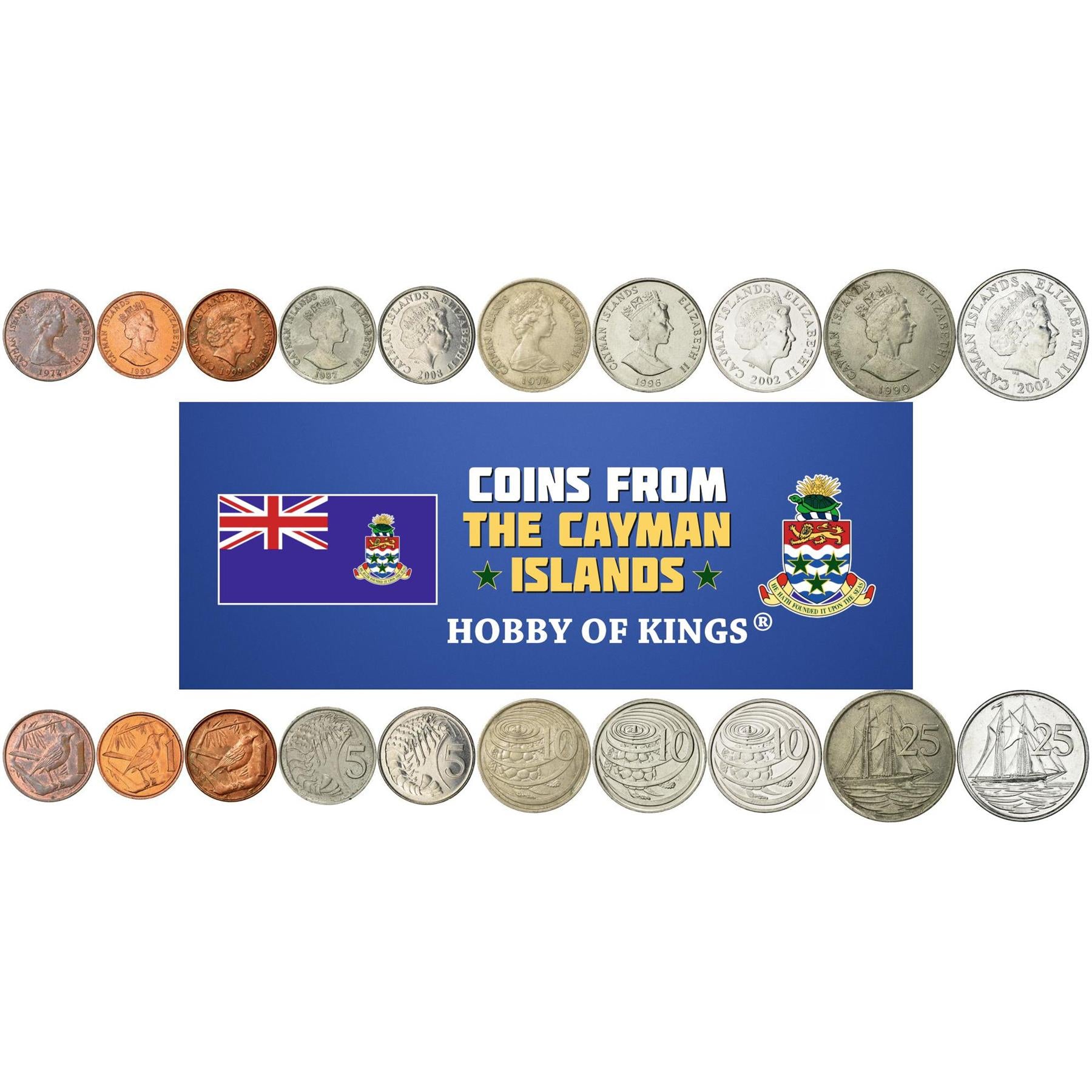 Isole Cayman | 10 Monete Miste | 1 Cent 5 10 25 Centesimi | Turdus di Grand Cayman | Gambero di Fiume | Tartaruga Verde | Veliero "Kirk B" | Elisabetta II | 1972 - 2022
