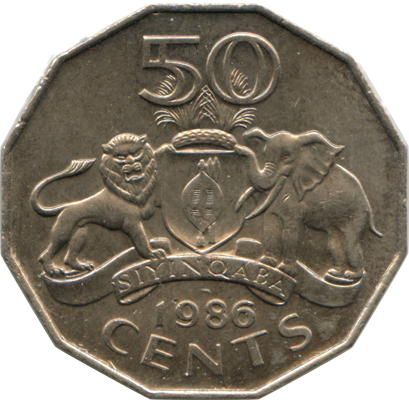 Kingdom of Swaziland | 50 Cents Coin | King Mswati III | Lion | Elephant | Km:43 | 1986 - 1993