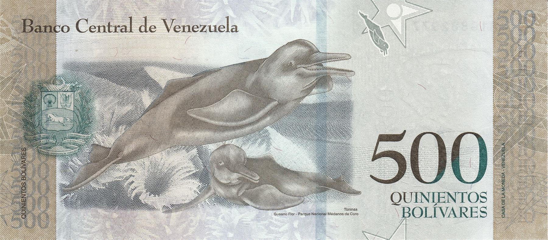 Venezuela | 500 Bolivares Banknote | 2016 - 2017 | Francisco de Miranda | Amazon River Dolphins | Medanos de Coro National Park