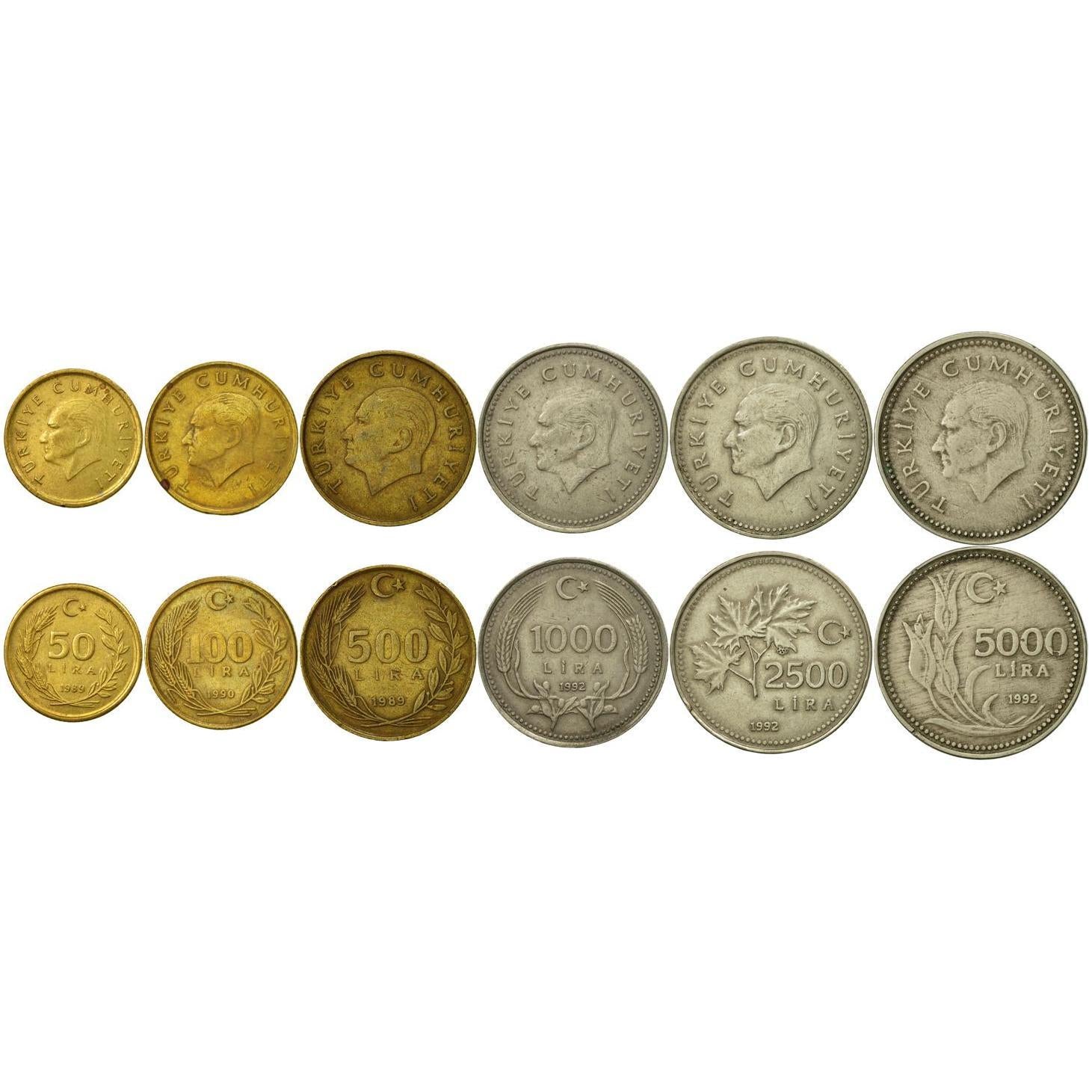 Turkey | 6 Coin Set | 50 100 500 1000 2500 5000 Lira | 1988 - 1994