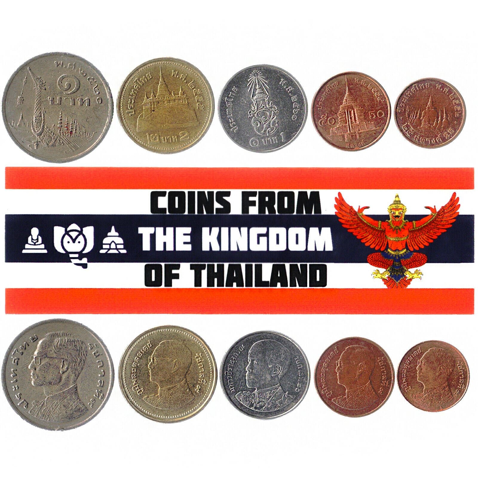 5 Mixed Coins From Thailand | Satang | Baht | Budhist Temples | Garuda | Rama IX | Rama X | 1950 - 2020