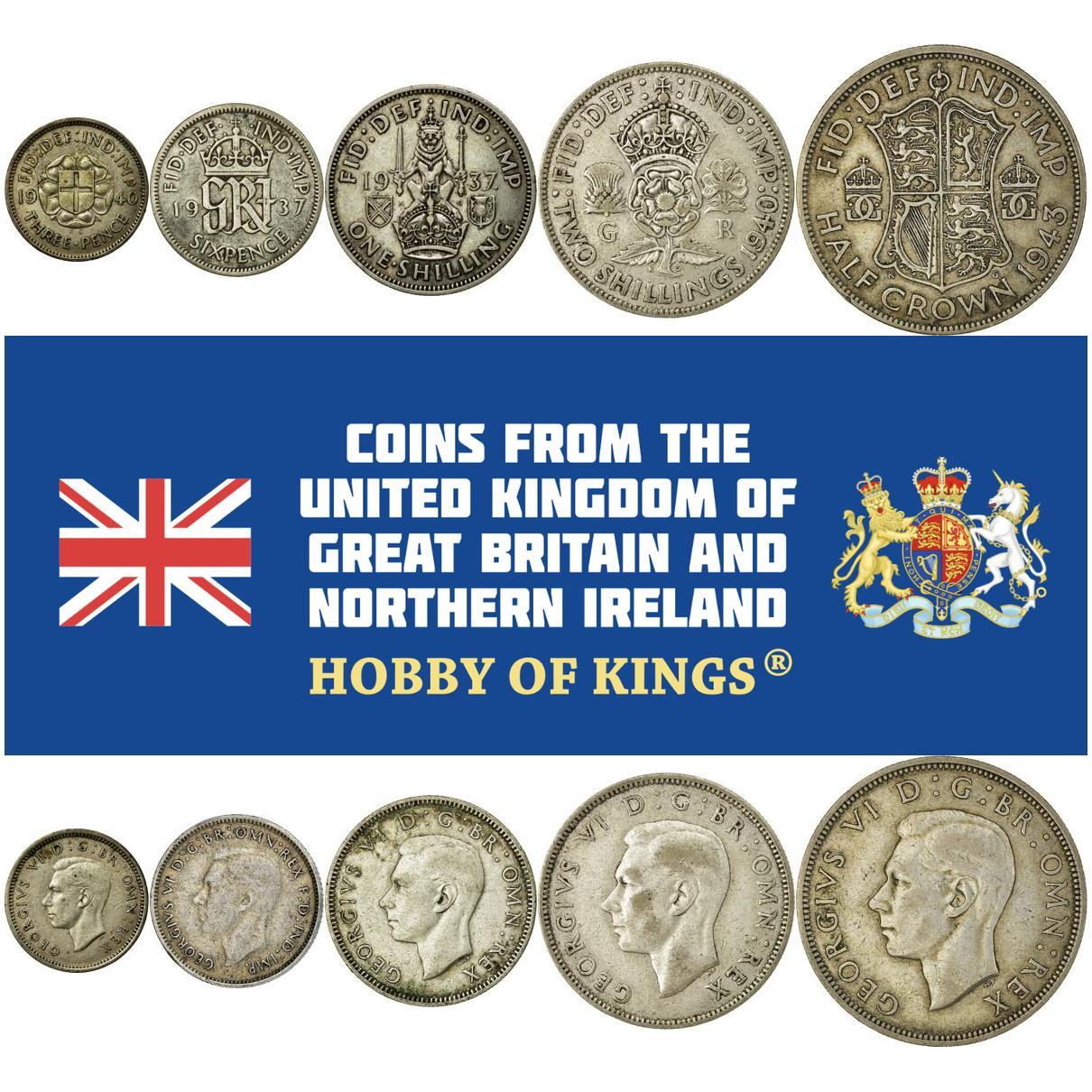 United Kingdom | 5 Coin Set | 3 6 Pence 1 Shilling 2 Shillings 1/2 Crown | 1937 - 1946