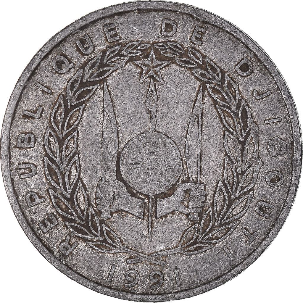 Djibouti | 5 Francs Coin | Knife | Spear | Shield | Waterbuck | Km:22 | 1977 - 1999
