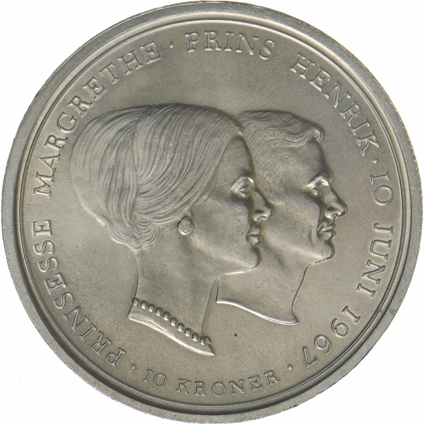 Denmark | 10 Kroner Coin | Silver | Wedding of Princess Margrethe | KM:856 | 1967