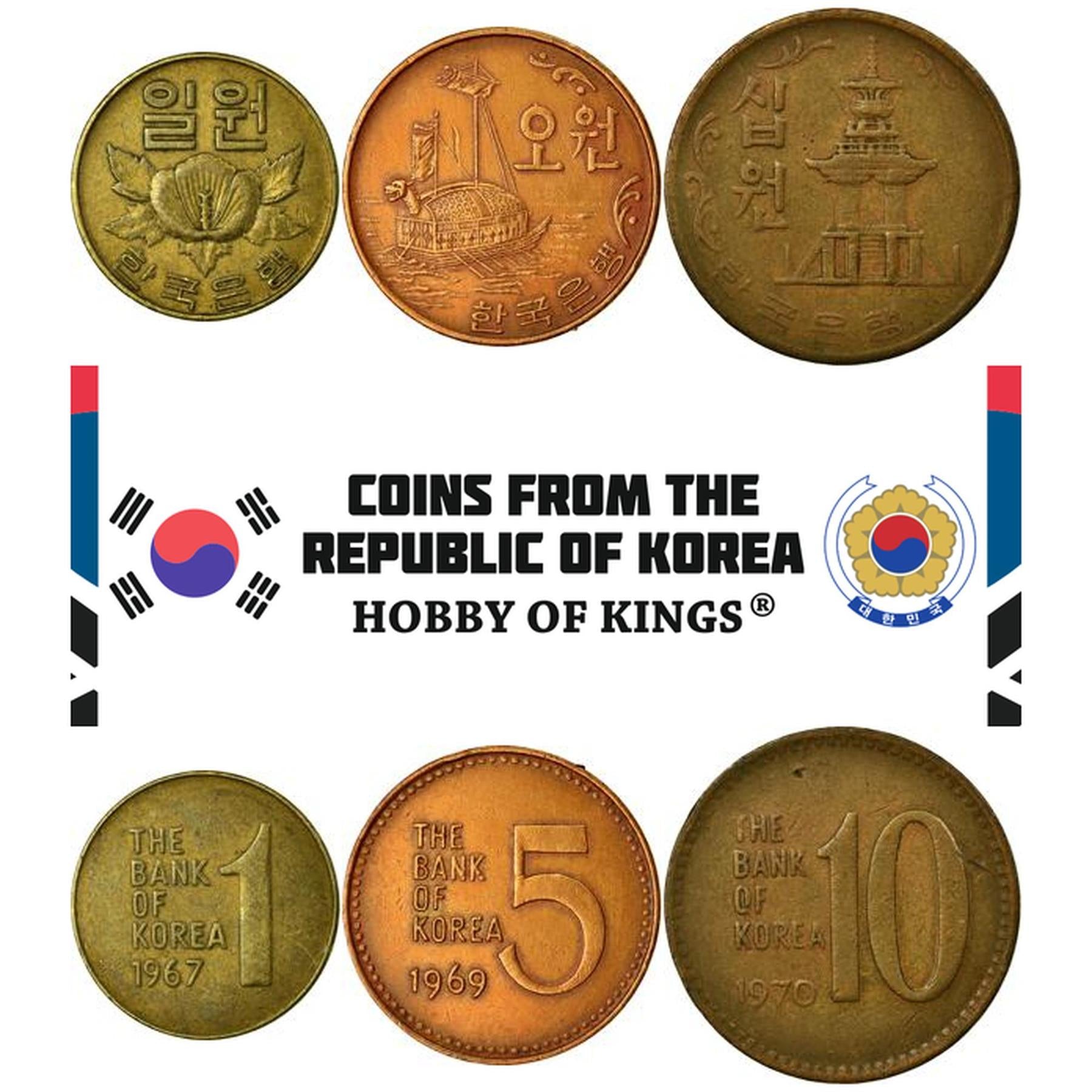 Zuid-Korea | Set van 3 munten | 1 5 10 Won | Hibiscus | Geobukseon | Dabotap Pagode | 1966 - 1970