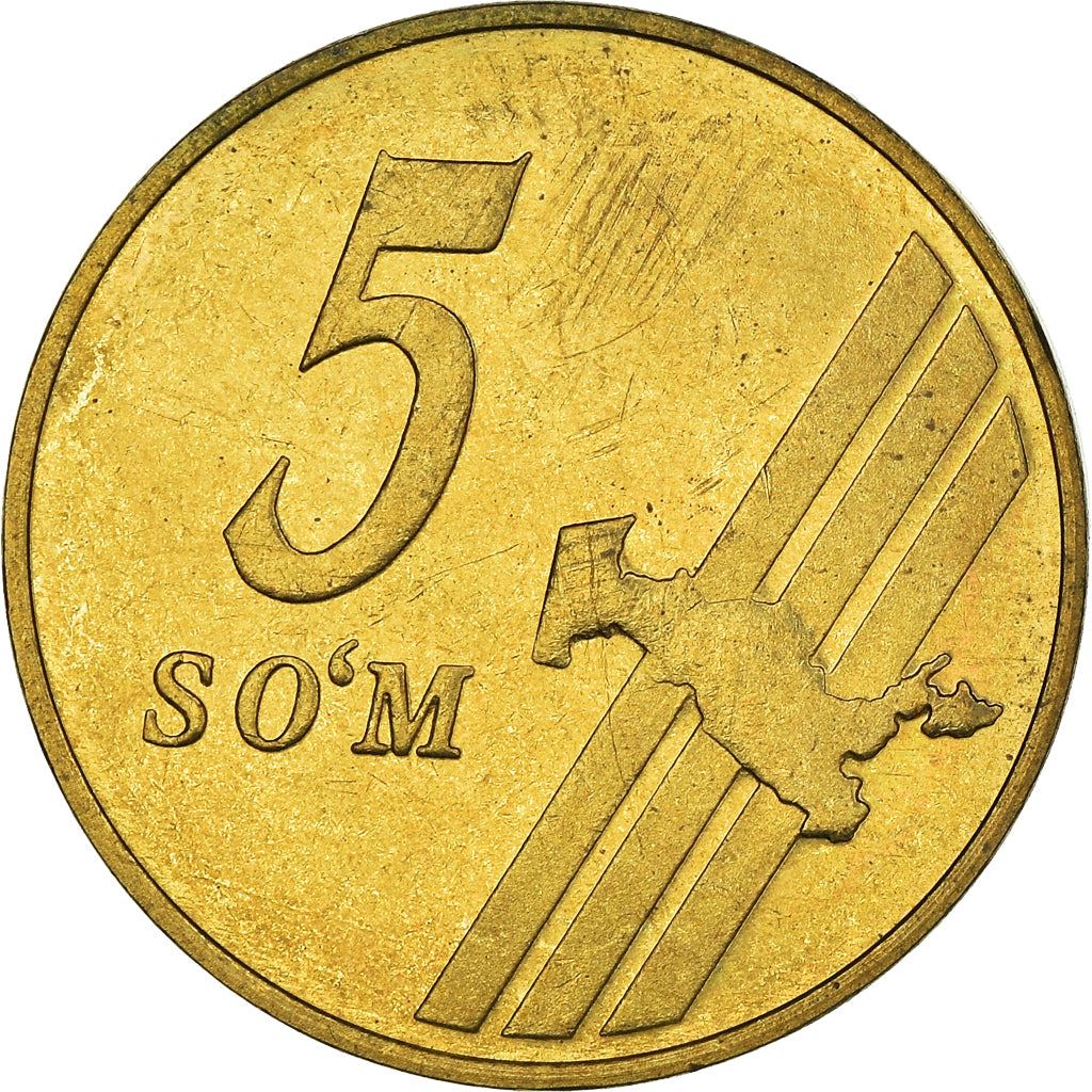 Uzbekistan | 5 SoʻM Coin | Map of Uzbekistan | Cotton | Wheat | Sun | Huma Bird | KM:13 | 2001