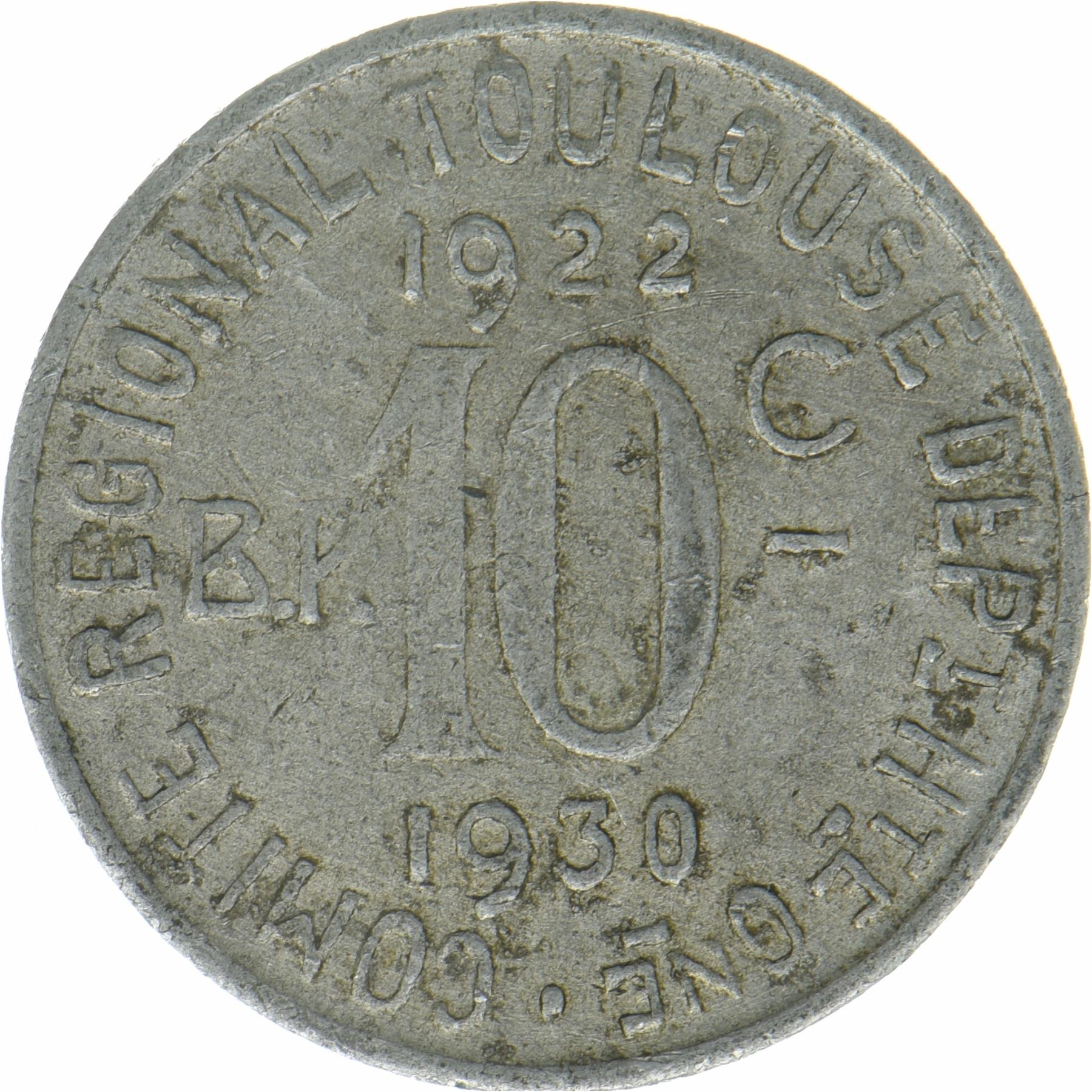 Frankreich Toulouse | 10 Centimes Münze | Lateinisches Segelboot | Élie mon:15,5, 15,8 | 1922