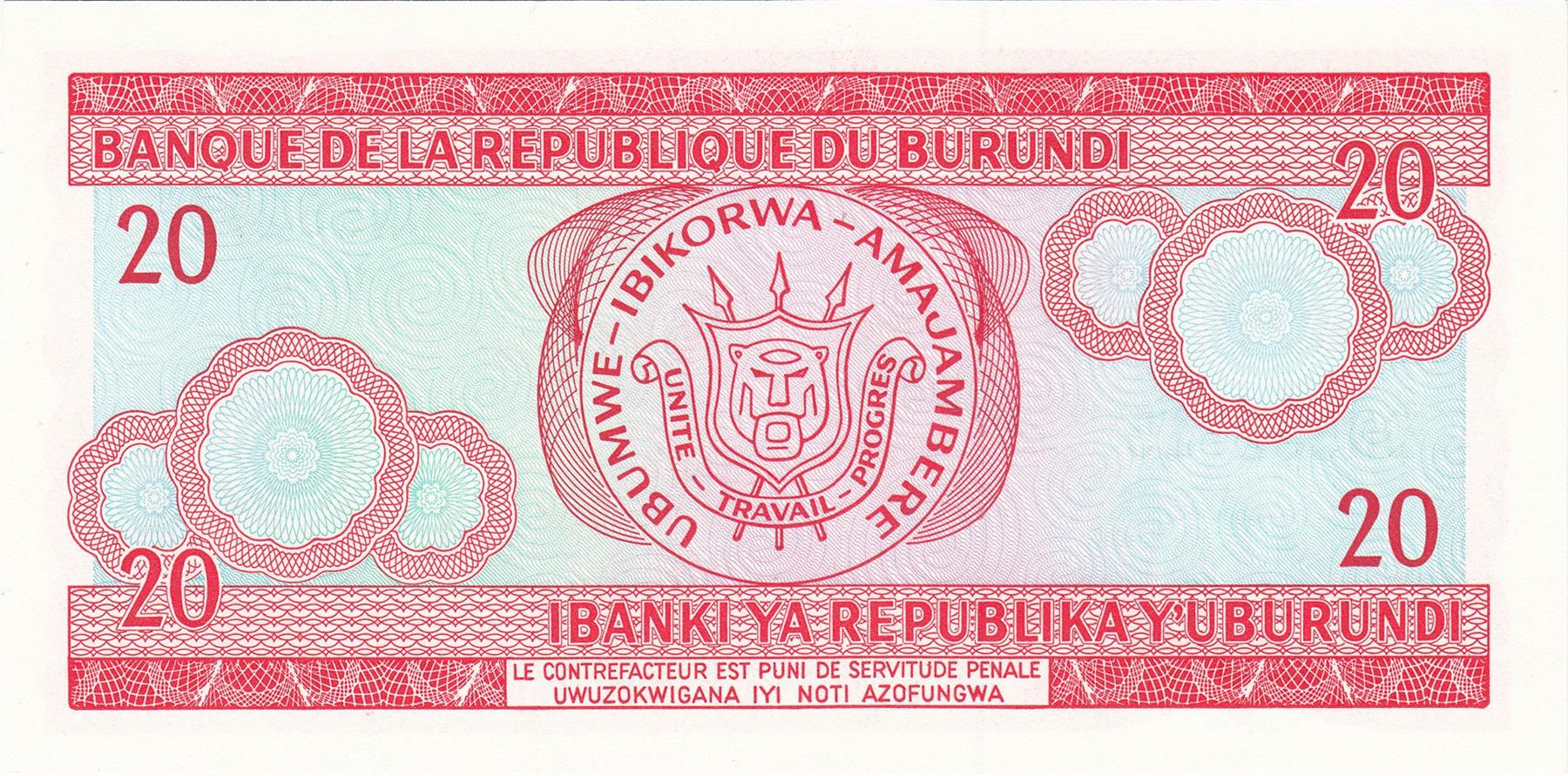 Burundi | 20 Francs Banknote | 1977 - 2007 | Native Dancer | Spears | Shield