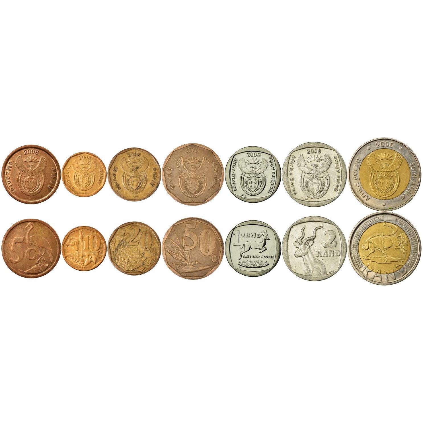 South Africa 7 Coin Set | 5 10 20 50 Cents 1 2 5 Rand | 2008