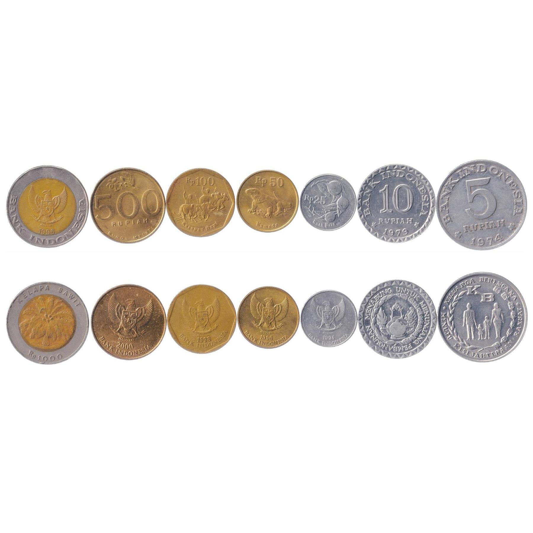 Indonesian 7 Coin Set 5 10 25 50 100 500 1000 Rupiah | Nutmeg | Oil Palm | Jasmine | Bull | Komodo dragon | Oil lamp | Garuda Pancasila | 1974 - 2003