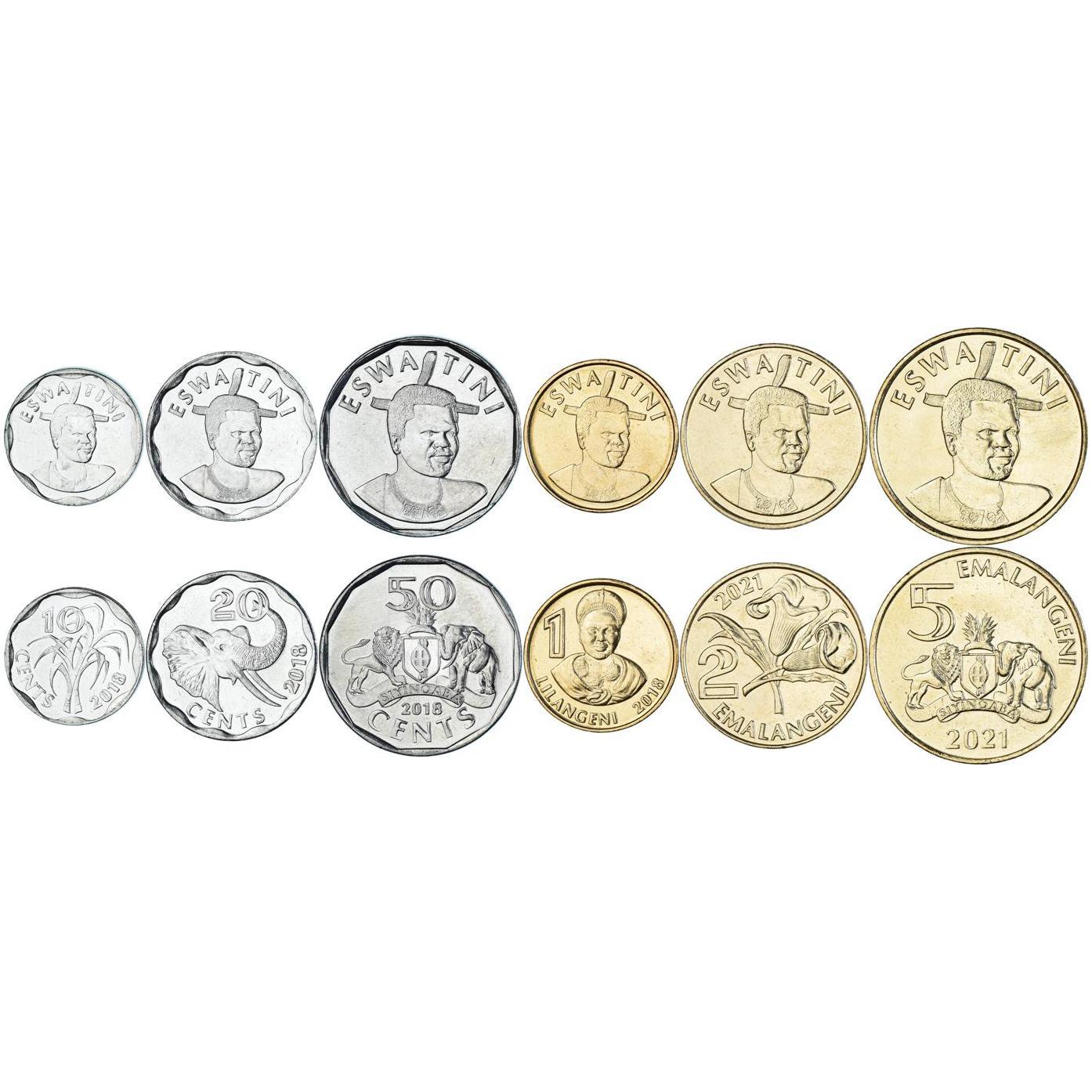 Kingdom of Eswatini | 6 Coin Set | 10 20 50 Cents 1 Lilangeni 2 5 Emalangeni | 2018 - 2021
