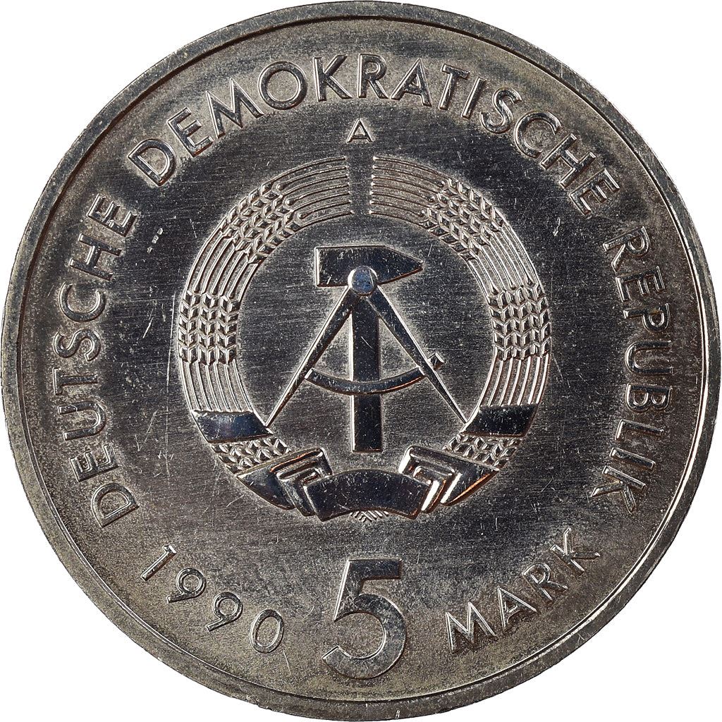 German Democratic Republic 5 Mark Coin | Horse | Carriage | Hunting Horn | Mail Services Emblem | KM134 | 1990