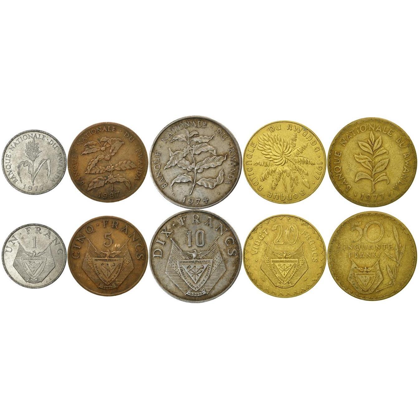 Rwanda | 5 Coin Set | 1 Franc 5 10 20 50 Francs | 1974 - 1987