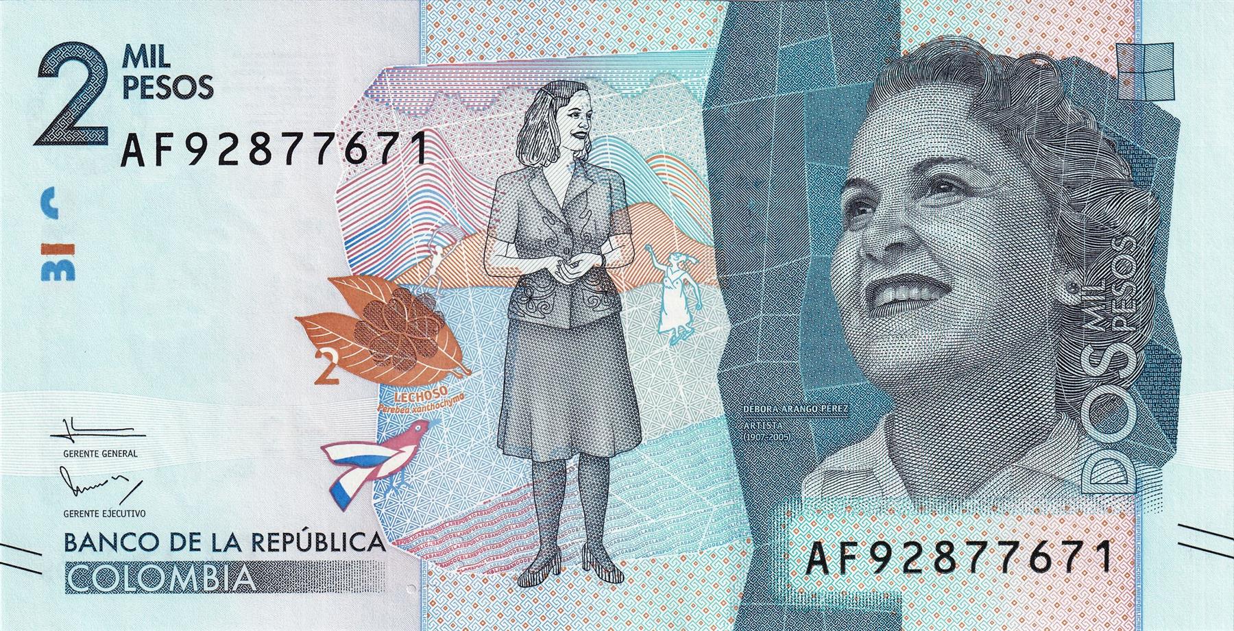 Colombia | 2000 Pesos Banknote | 2015 - 2023 | Débora Arango | Birds | Serranía de la Macarena