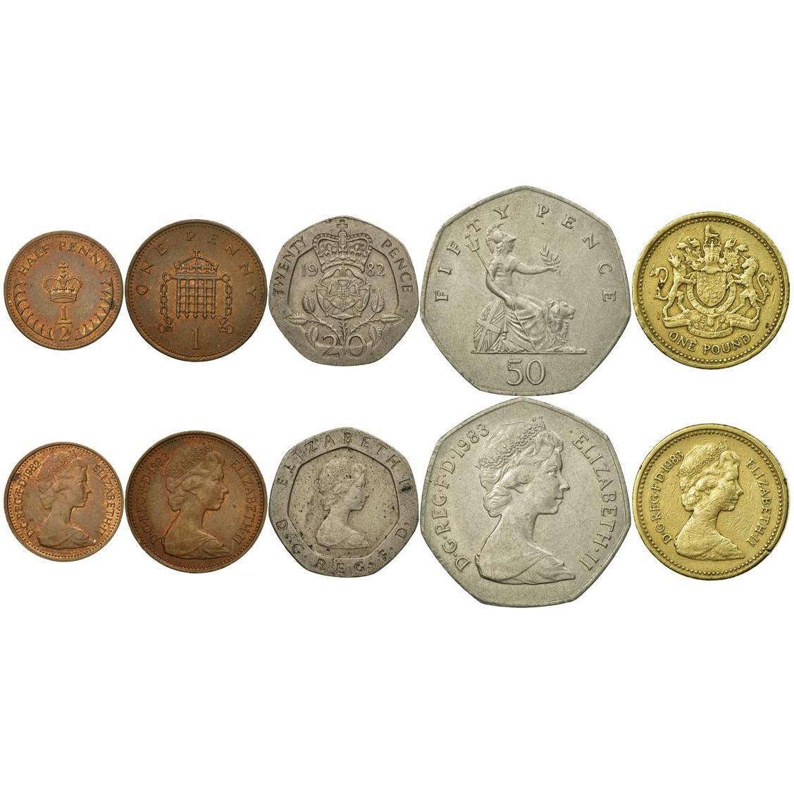 United Kingdom | 5 Coin Set | 1/2 1 Penny 20 50 Pence 1 Pound | 1982 - 1984