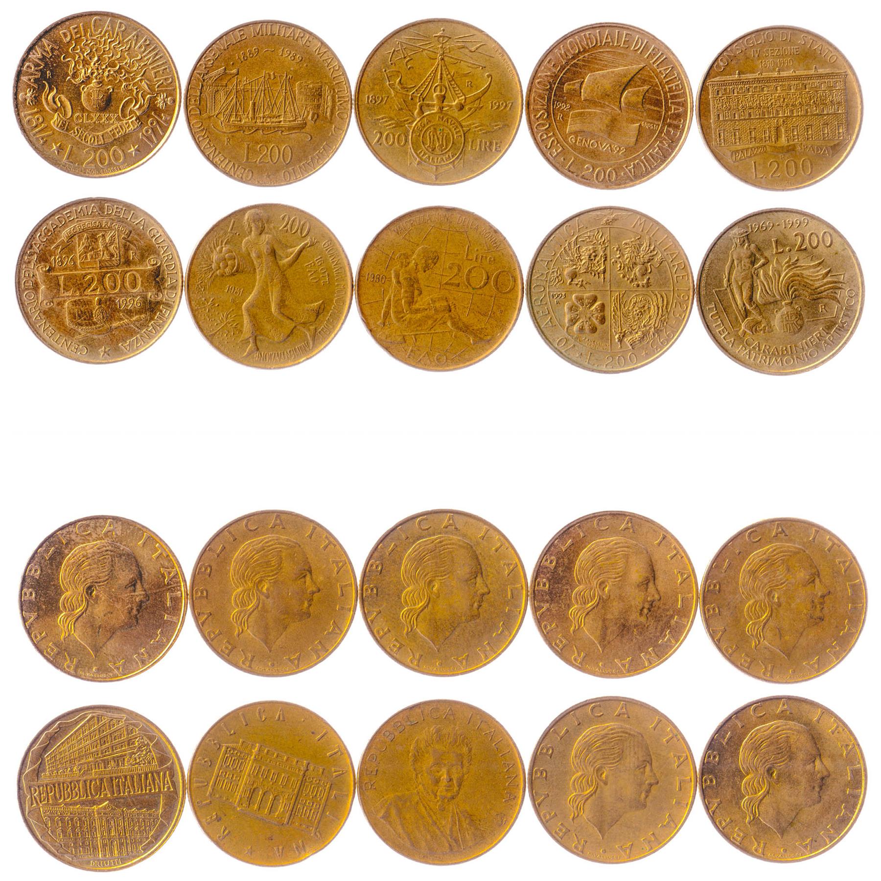 Italy | 10 Coin Set | 200 Lire | 1980 - 1999