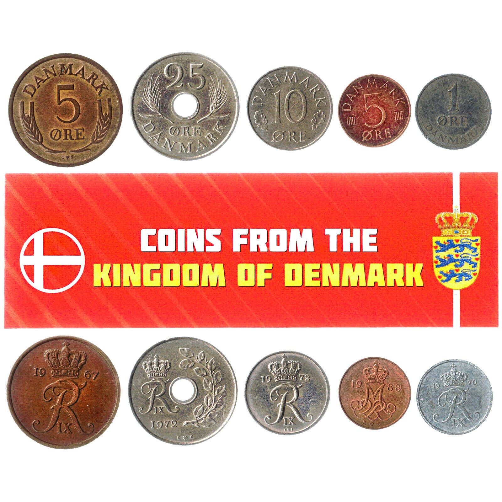 5 Mixed Coins From Denmark | 1 Ore - 25 Ore | 1947 - 2018