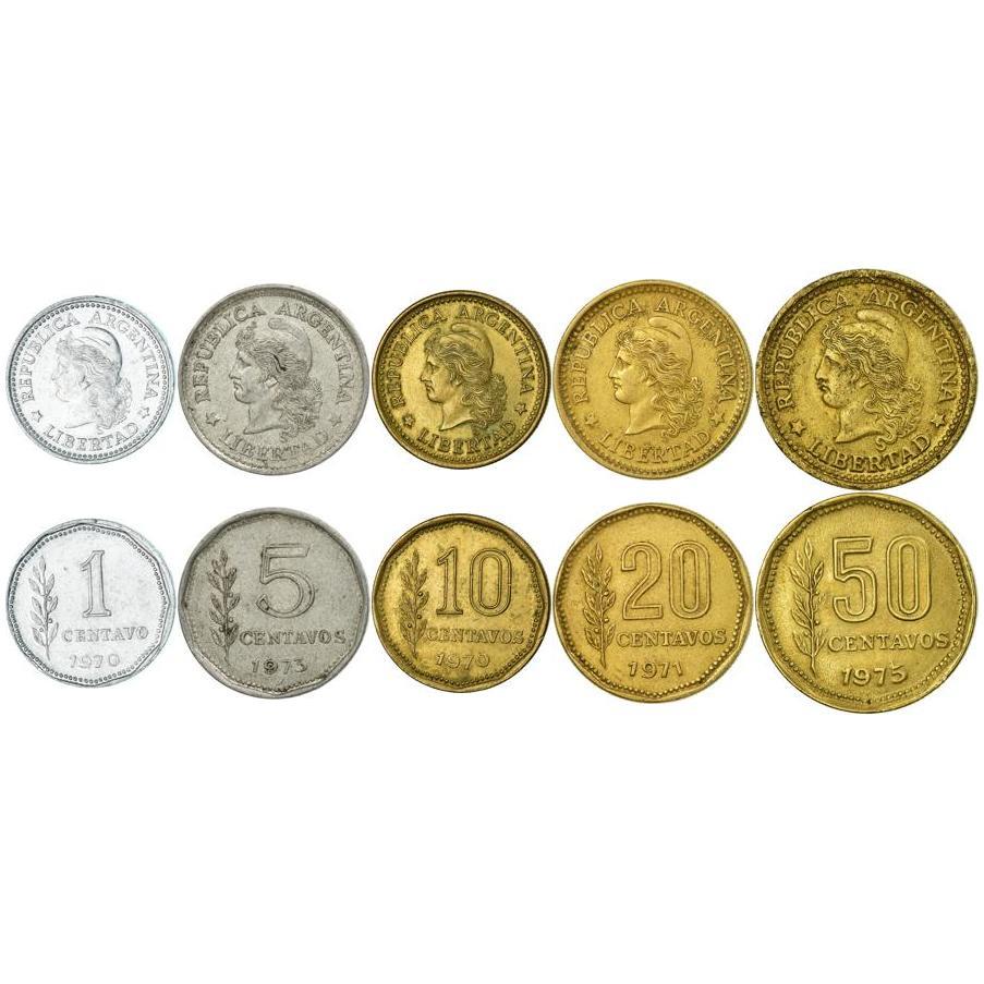 Argentine 5 Coin Set 1 5 10 20 50 Centavos | Liberty | Phrygian Cap | 1970 - 1976