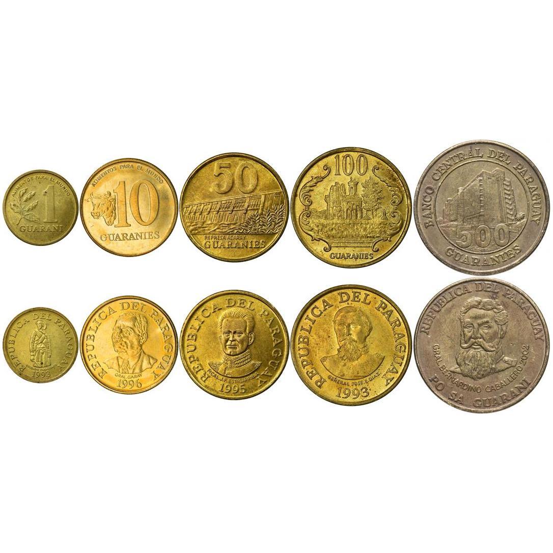 Paraguay | 5 Coin Set | 1 Guarani 10 50 100 500 Guaranies | 1993 - 2005