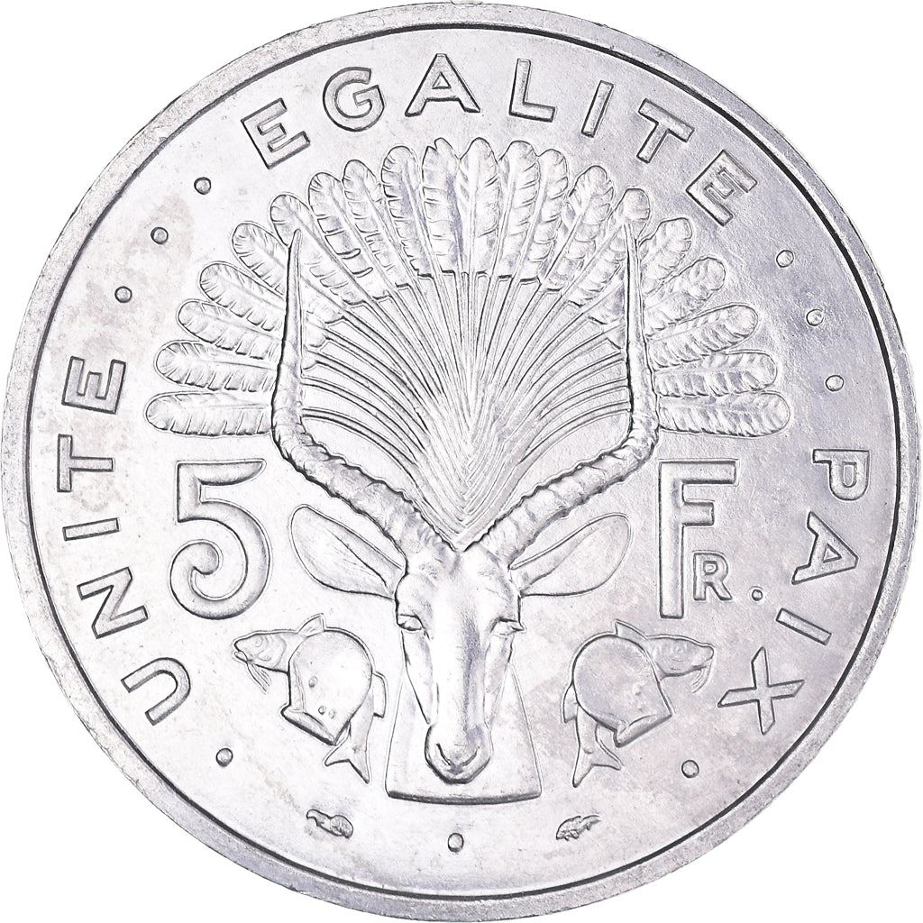 Djibouti | 5 Francs Coin | Knife | Spear | Shield | Waterbuck | Km:22 | 1977 - 1999
